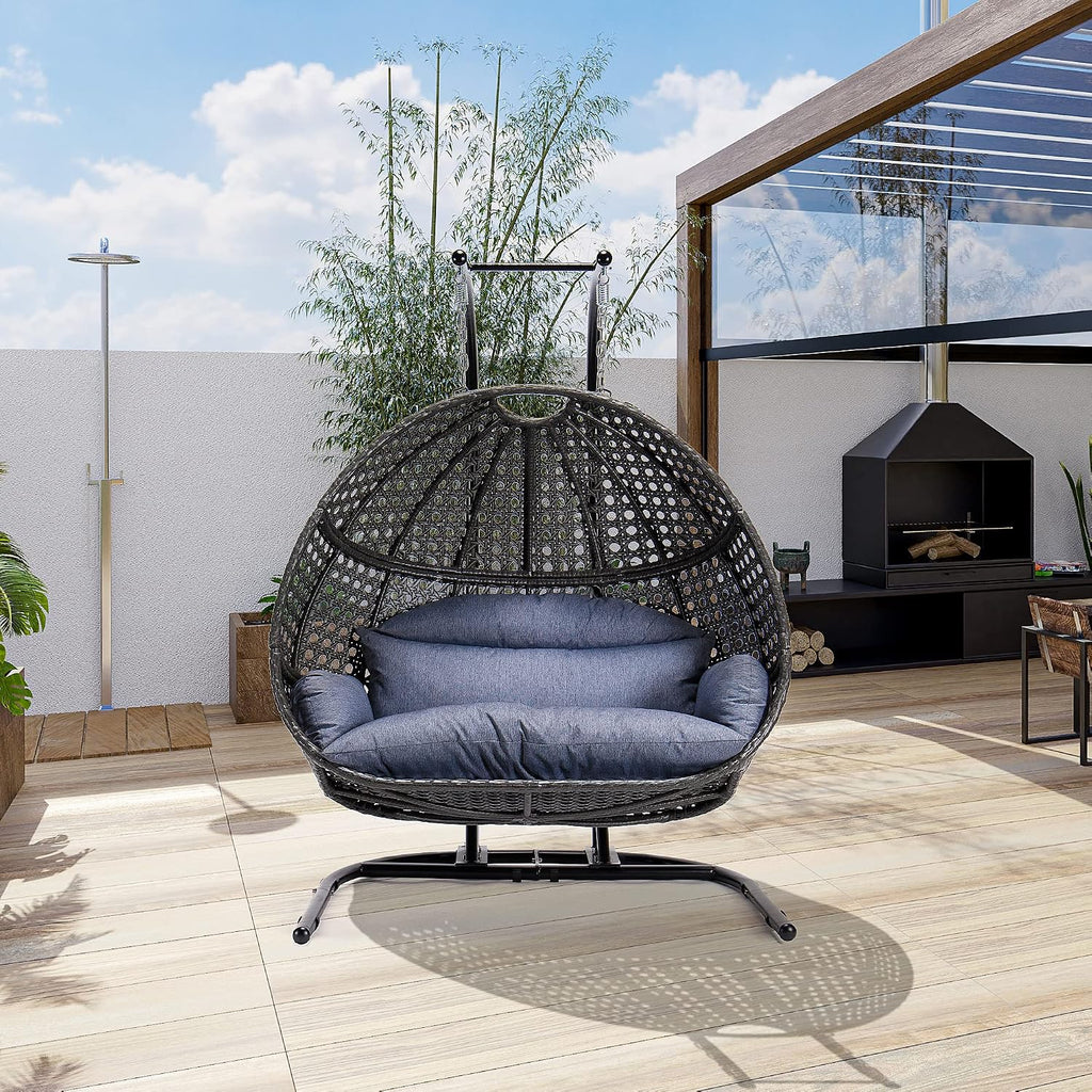 Qwork 2-Person Hanging Egg Chair with Stand, Wicker Rattan Hanging Swing Chair, Hammock Swing Chair UV Resistant Cushion with Stand for Indoor Bedroom Outdoor Garden Backyard