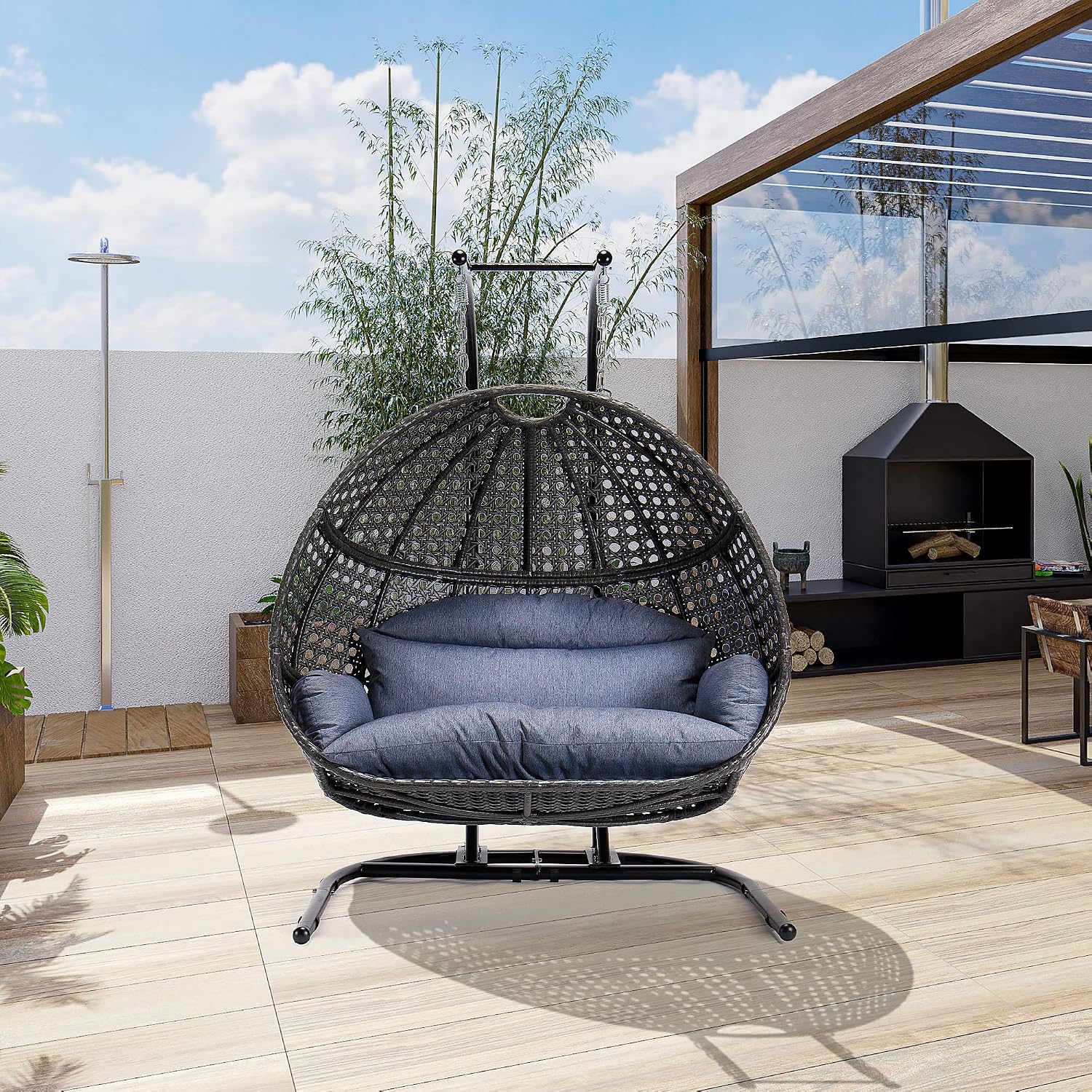 Qwork 2-Person Hanging Egg Chair with Stand, Wicker Rattan Hanging Swing Chair, Hammock Swing Chair UV Resistant Cushion with Stand for Indoor Bedroom Outdoor Garden Backyard