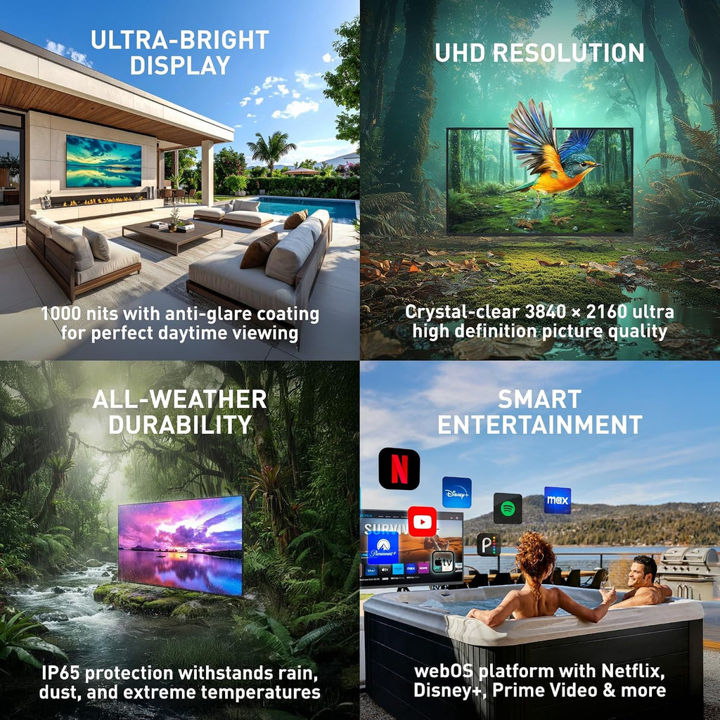 SONAGI Helios 65' Outdoor TV - Anti-Glare, IP65 Water, Dust Resistant Television with 1000-Nit Brightness for Direct Sun All Weather Viewing - Weatherproof 4K UHD Smart TV for Patio and Outside
