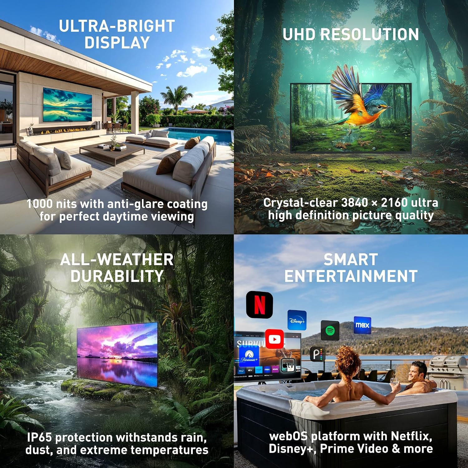 SONAGI Helios 65' Outdoor TV - Anti-Glare, IP65 Water, Dust Resistant Television with 1000-Nit Brightness for Direct Sun All Weather Viewing - Weatherproof 4K UHD Smart TV for Patio and Outside