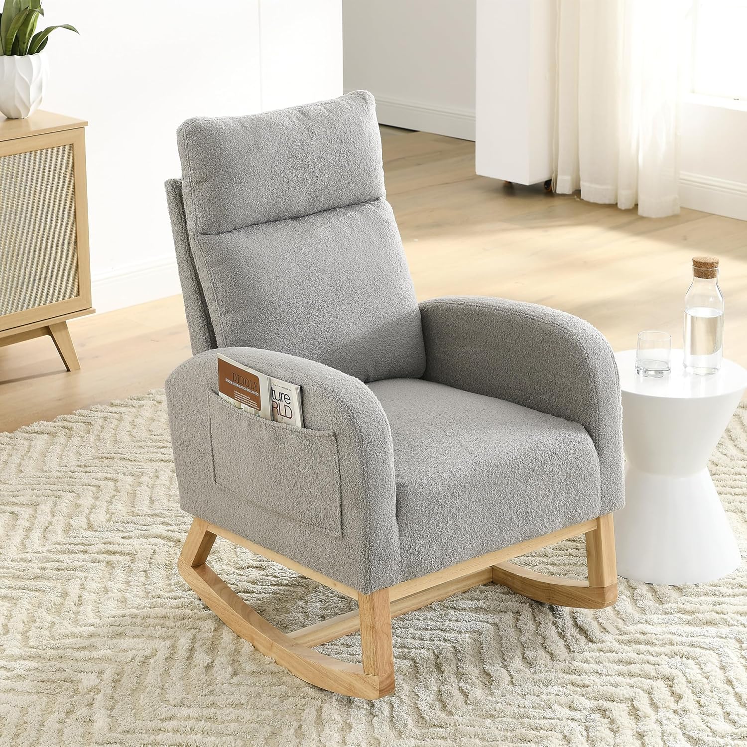 Setawix Teddy Fabric Rocking Accent Chair,Mid Century Modern Rocking Glider Armchair,Leisure Tufted Rocker Arm Chair for Nursery,Bedroom,Living Room (Teddy Light Grey, High Back)