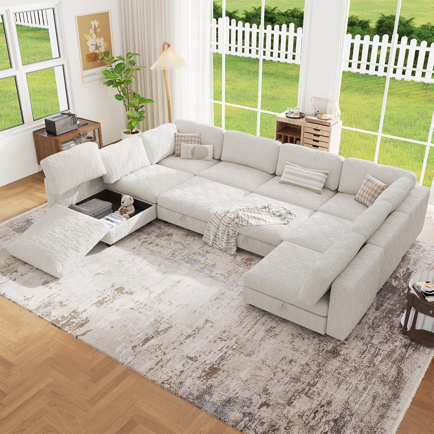 157' Modular Sectional Chenille Sofa bed with Hidden Storage, Comfy Modern 10 Seater Oversized Deep Seat Couch, Modular Sectional with Ottoman and Removable Cover for Living Room, Apartment, Beige