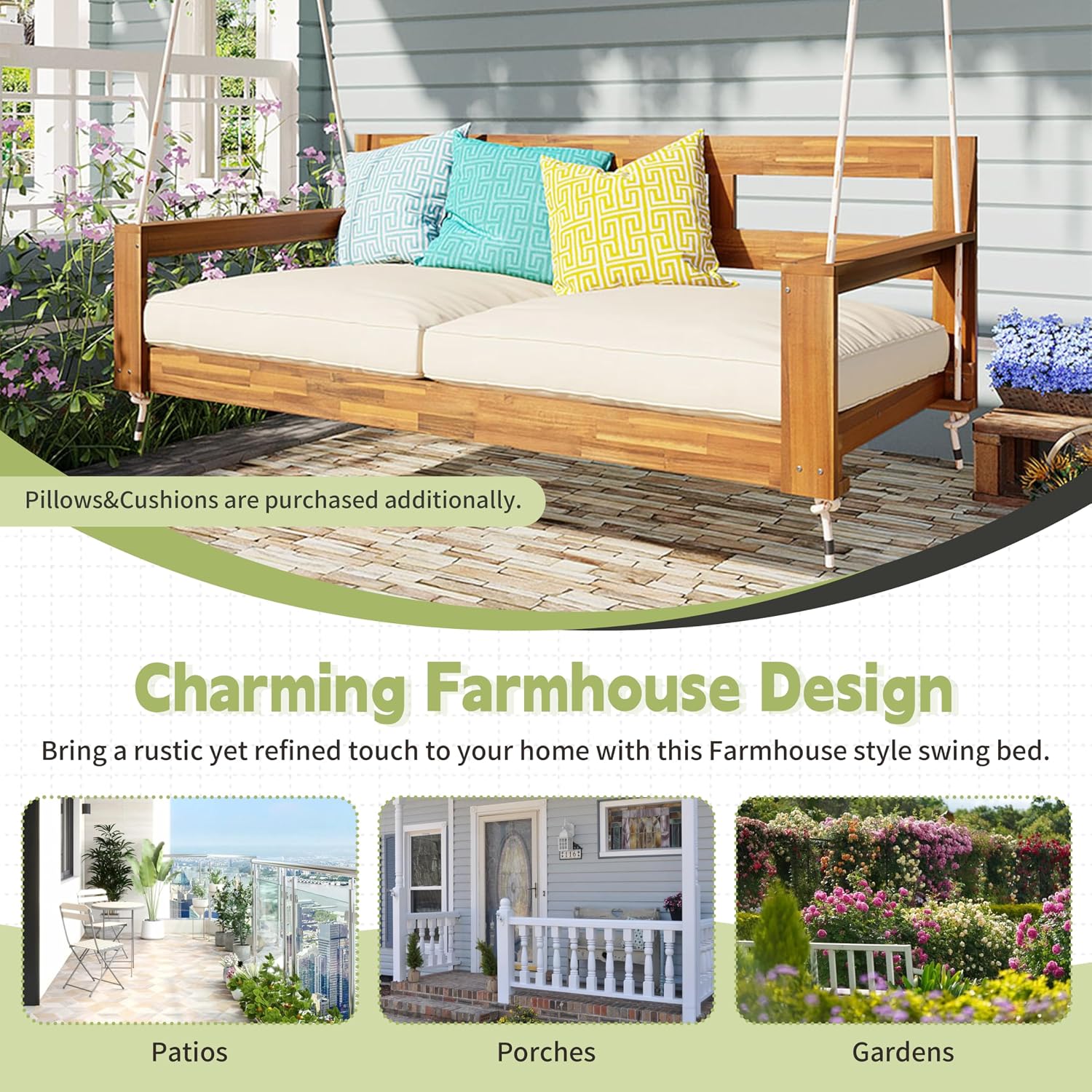 RuiSiSi Twin Size Porch Swing Daybed Frame, Outdoor Porch Swing Chair, Framhouse Hanging Bench with 4 Hanging Ropes for Garden, Backyard, Patio, Natural