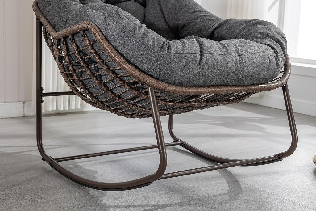 Wicker Outdoor Rocking Chair Rattan Egg Chair with Thick Cushion 30° Smooth Rocking Patio Lounge Reclining for Indoor Outdoor Use Living Room Front Porch Balcony Lawn Garden, Dark Grey