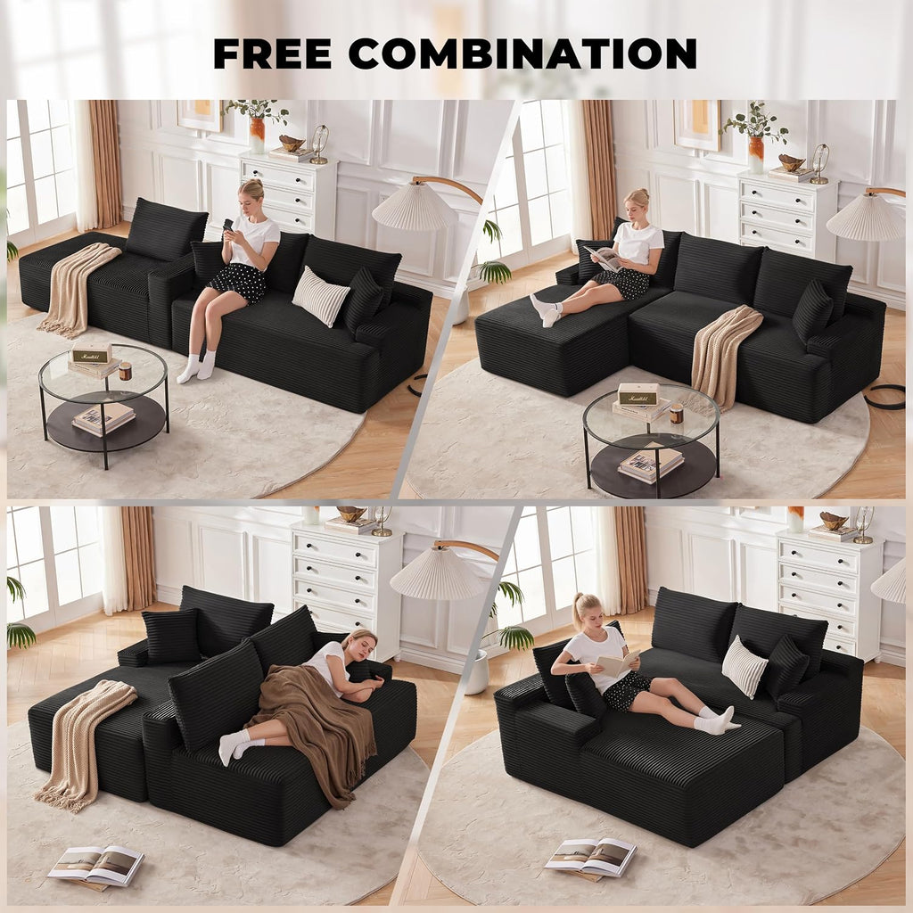 Mangodan Cloud Sectional Sofa, Boneless Couch for Living Room, Modular Sectional Sofa with Deep Seat, Fluffy Comfy Couch with L-Shaped Chaise, No Assembly Required, Black