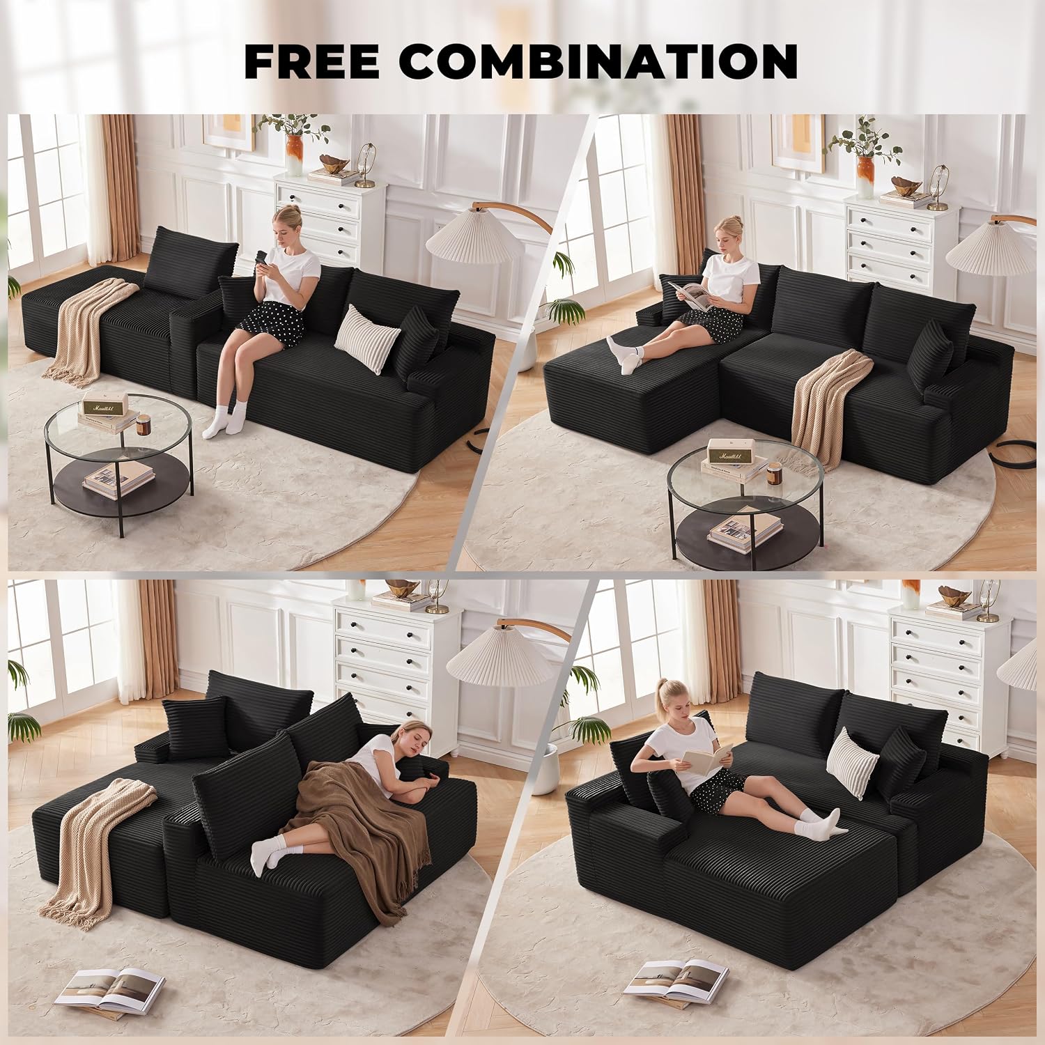Mangodan Cloud Sectional Sofa, Boneless Couch for Living Room, Modular Sectional Sofa with Deep Seat, Fluffy Comfy Couch with L-Shaped Chaise, No Assembly Required, Black