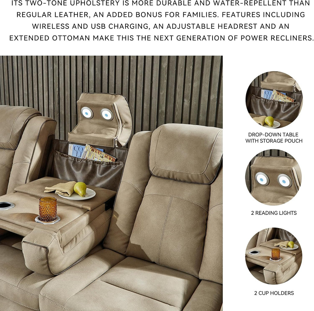 Signature Design by Ashley Next-Gen DuraPella Power Reclining Sofa – Wireless & USB Charging, Zero-Gravity, Adjustable Headrest, Water-Repellent Faux Leather, Drop-Down Table, Beige/Brown, 86'