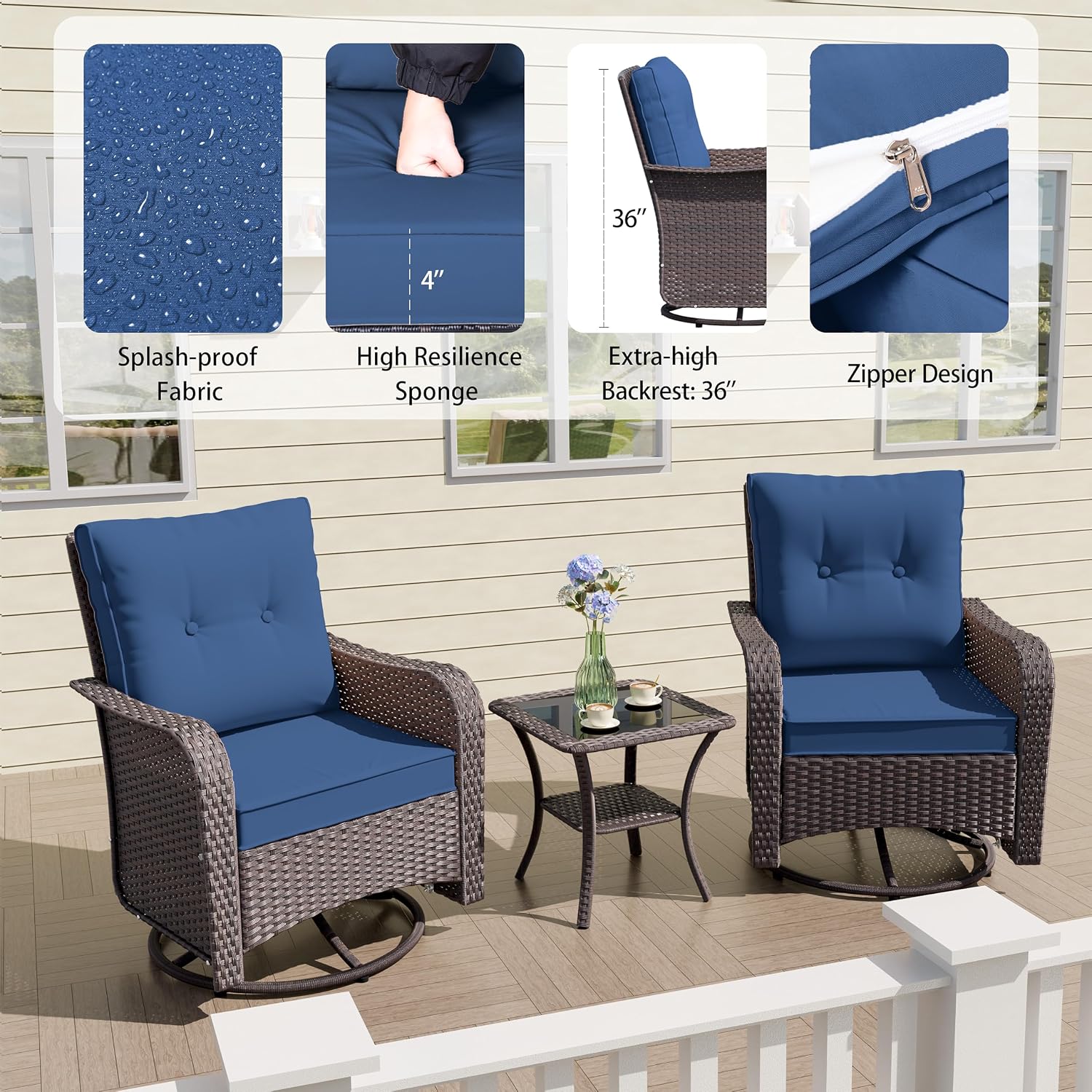 ALAULM Outdoor Swivel Rocking Chairs Set of 2 with 4'Thick Cushions and High Back, Wicker Patio Chairs w/Side Table for Patio, Porch, Poolside, Deck, Backyard, Garden-Dark Blue