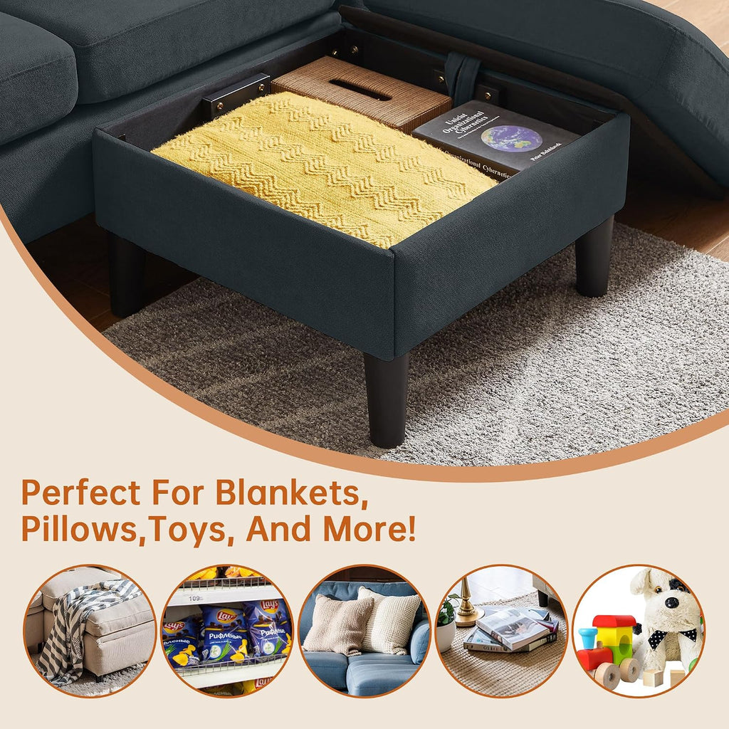 Convertible Sectional Sofa, Modern L Shaped 3-seat Sofa, 79' Linen Fabric Small Sectional Couch with Movable Ottoman, Couch for Small Spaces Living Room (Dark Grey)