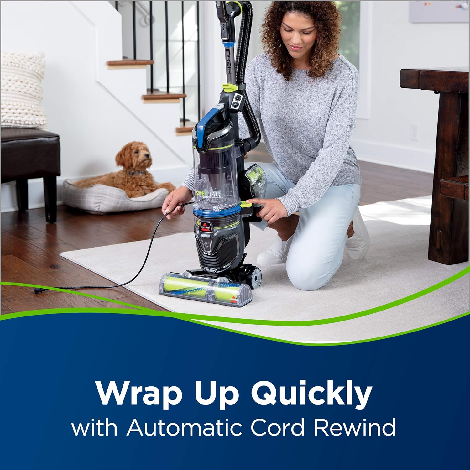 Bissell Pet Hair Eraser Turbo Rewind Vacuum, Lightweight, Automatic Cord Rewind, Tangle-Free Brush Roll, Headlights, Powerful Pet Hair Pickup, SmartSeal Allergen System, Blue, 27909