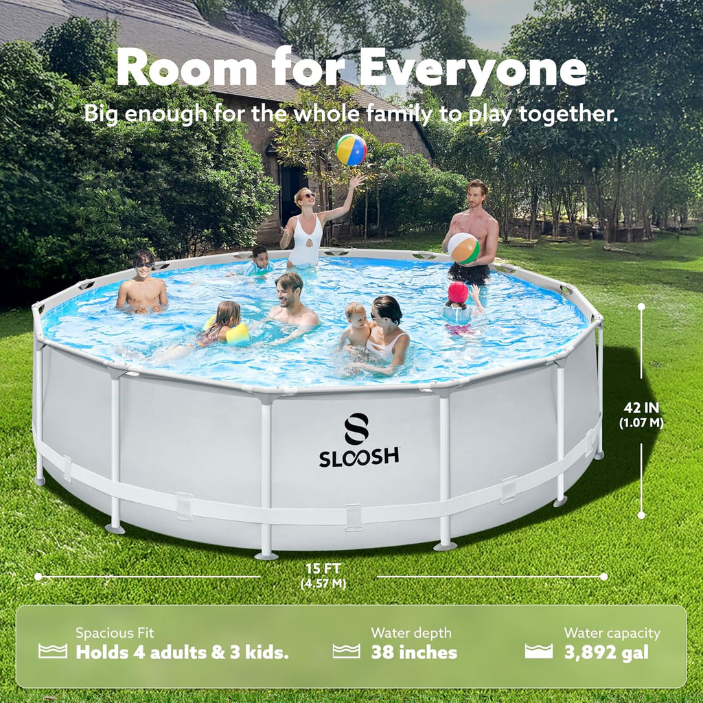 SLOOSH Round Above Ground Pool - 15ft x 42inch Outdoor Round Frame Above Ground Swimming Pool Set Kiddie Pool for Kids Adults with Filter Pump Ladder
