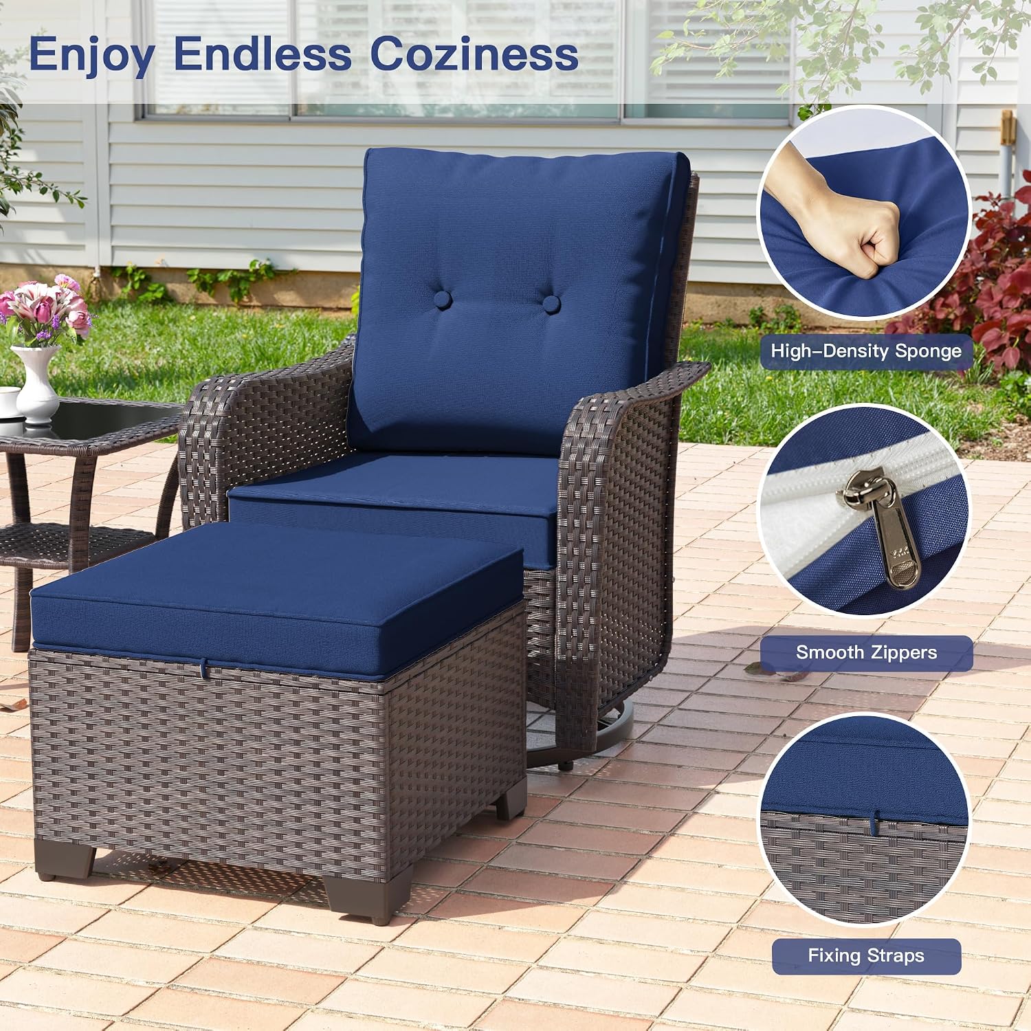 ALAULM 5-Piece Outdoor Swivel Rocking Chair Set with 4' Thick Cushions and High Back, Wicker Patio Chairs with Side Table & 2 Footstools for Porch, Poolside, Backyard—Dark Blue