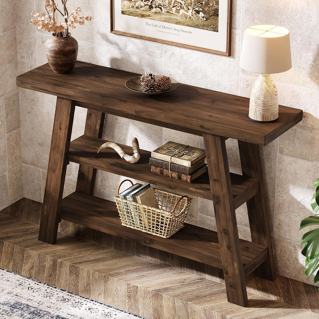 Solid Wood Console Table, 47.24' Long Farmhouse Entryway Table with 3-Tier Shelves, Rectangular Couch Tables Behind Sofa, Narrow Accent Tables for Hallway, Entrance, Foyer, Living Room (Dark Brown)