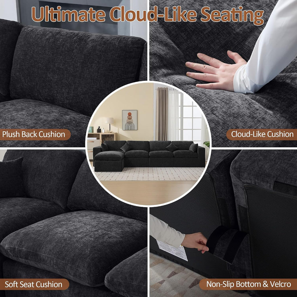 146''Cloud Boneless Sectional Couch, Modular Sectional Sofa Deep Seat with Ottoman, Oversized Upholstered Convertible Comfy 5 Seater Chenille Sofa L Shape Couches for Living Room, Dark