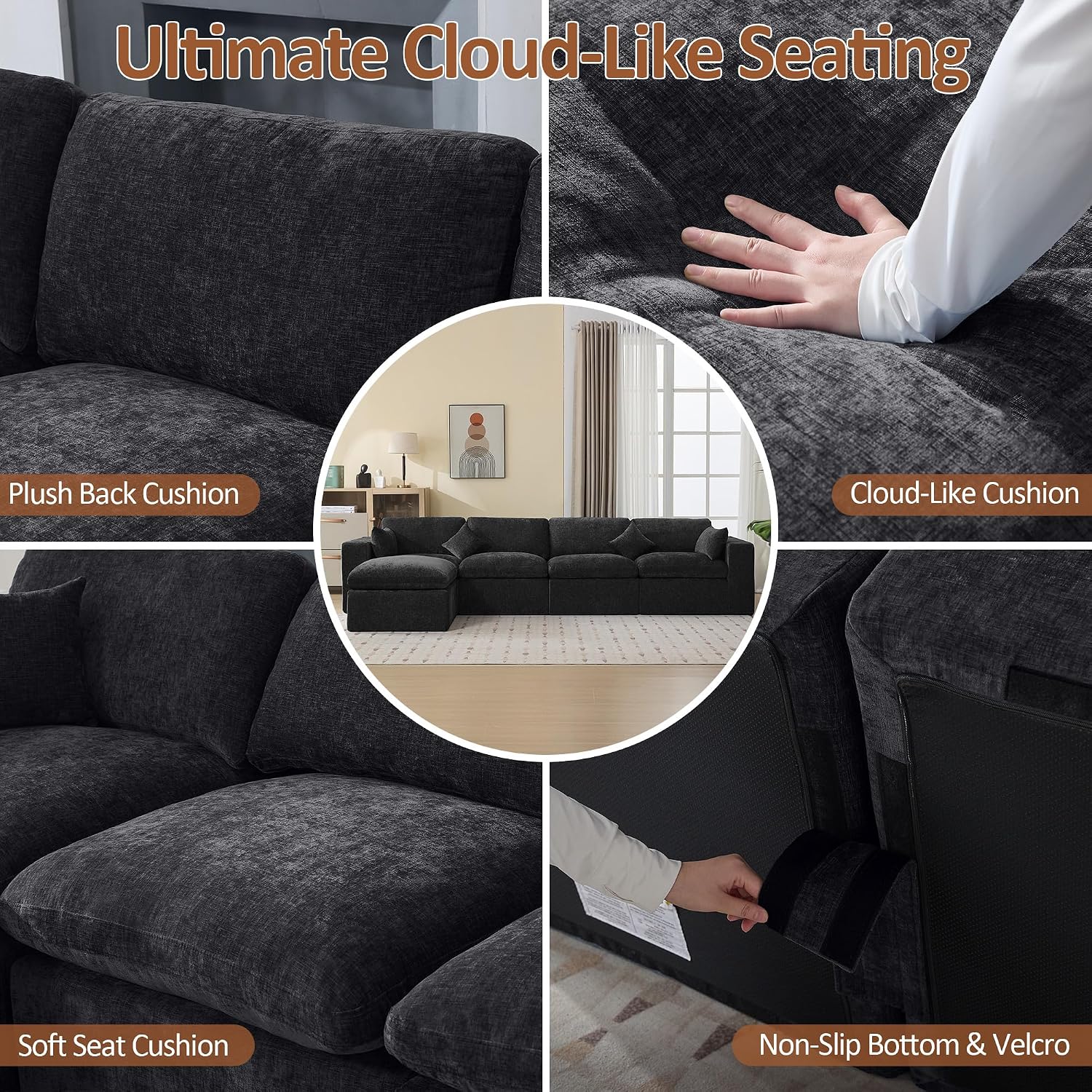 146''Cloud Boneless Sectional Couch, Modular Sectional Sofa Deep Seat with Ottoman, Oversized Upholstered Convertible Comfy 5 Seater Chenille Sofa L Shape Couches for Living Room, Dark
