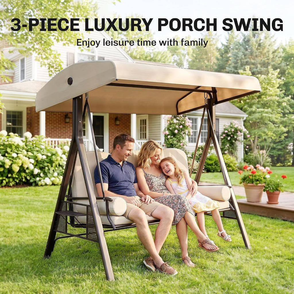 Outsunny 3-Seat Patio Swing Chair, Outdoor Porch Swing Glider with Adjustable Canopy, Removable Cushion, Pillows and Side Trays, for Garden, Poolside, Backyard, Beige