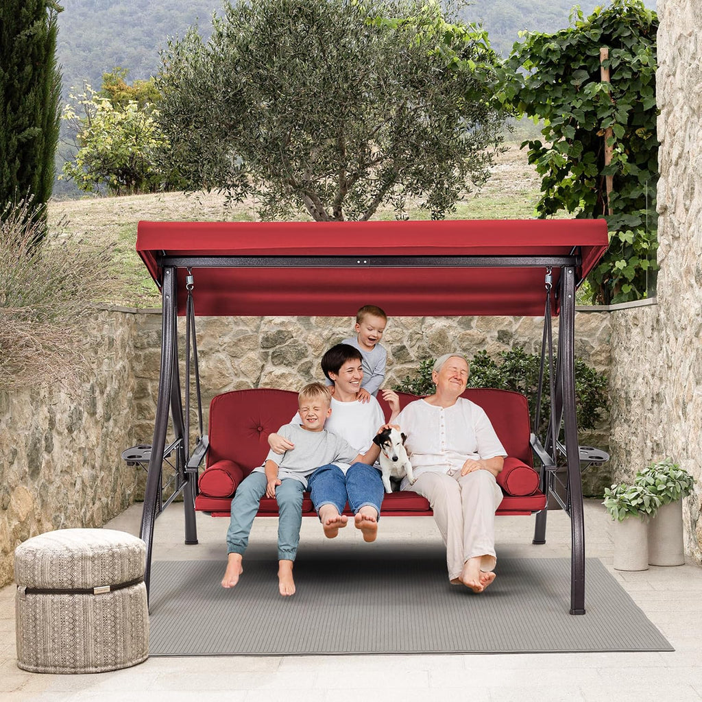 HOMREST 3 Person Outdoor Porch Swing with 1.5' Upgraded Cup Holder, Adjustable Canopy, Backrest, Patio Swing Bed with Weather Resistant Steel Frame, Cushions for Garden,Deck and Poolside(Wine Red)