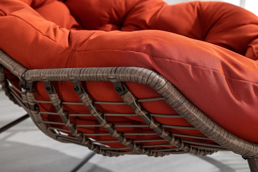 Wicker Outdoor Rocking Chair Rattan Egg Chair with Thick Cushion 30° Smooth Rocking Patio Lounge Reclining for Indoor Outdoor Use Living Room Front Porch Balcony Lawn Garden, Orange