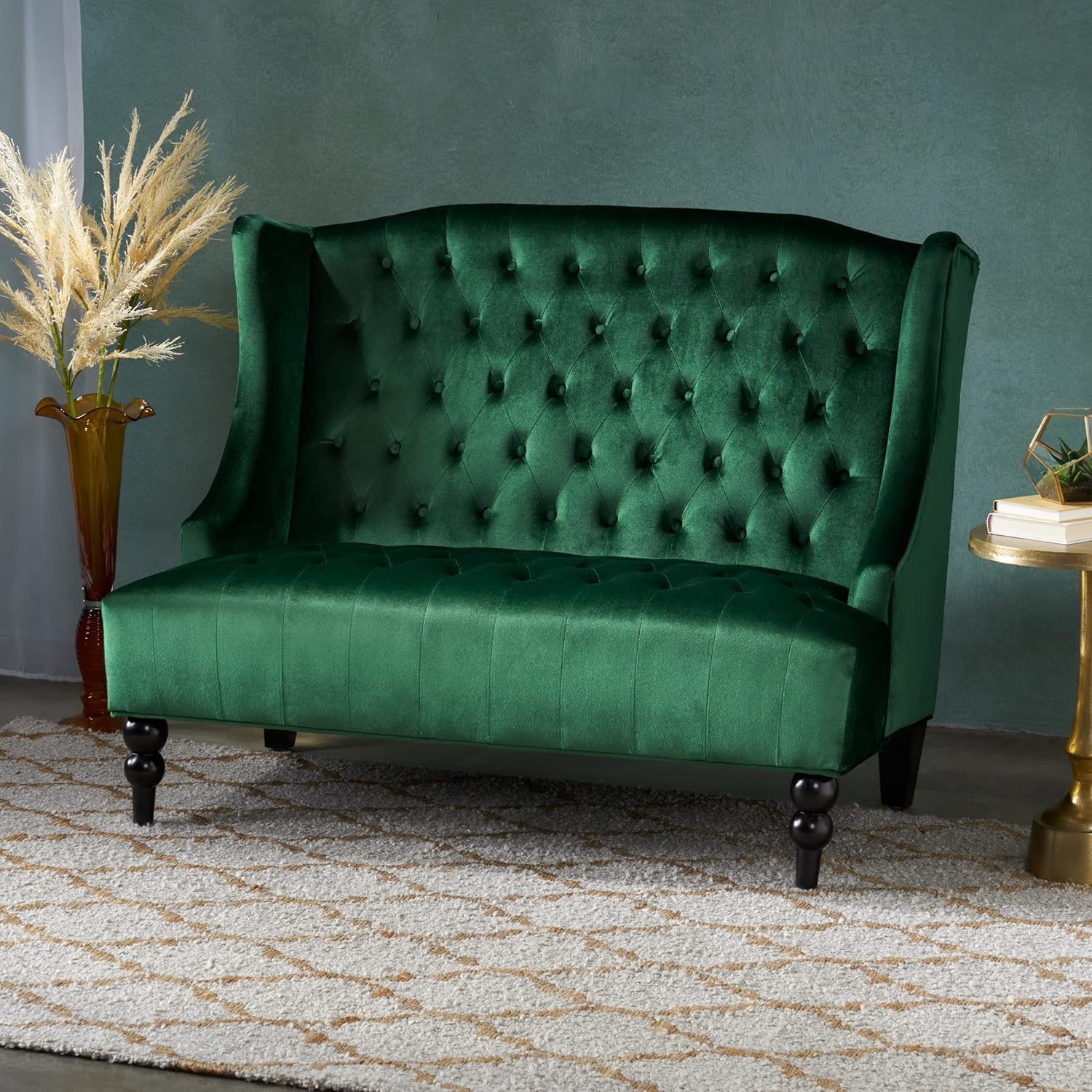 Emerald Modern Velvet Loveseat Sofa Couch, 50' Mid - Century Tufted Upholstered Small Love Seat Couch, Curved High Back 2-Seats Couches for Compact Space, Living Room, Apartment (Emerald)