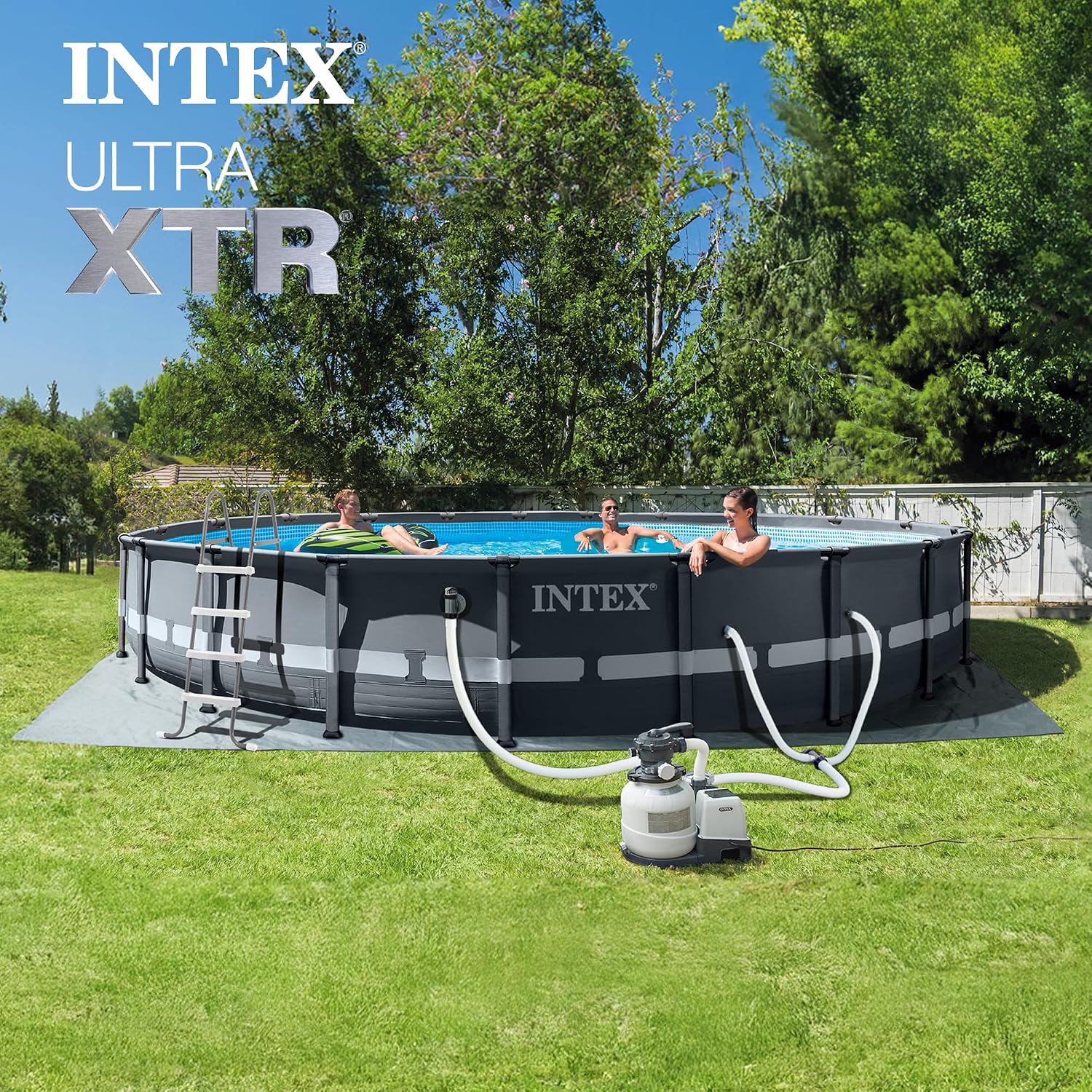 Intex 26333EH Ultra XTR 20ft x 48in Above Ground Swimming Pool Set with Sand Filter Pump, Inflatable Lounge Pool Recliners (2-Pack) and Inflatable Beverage Cooler