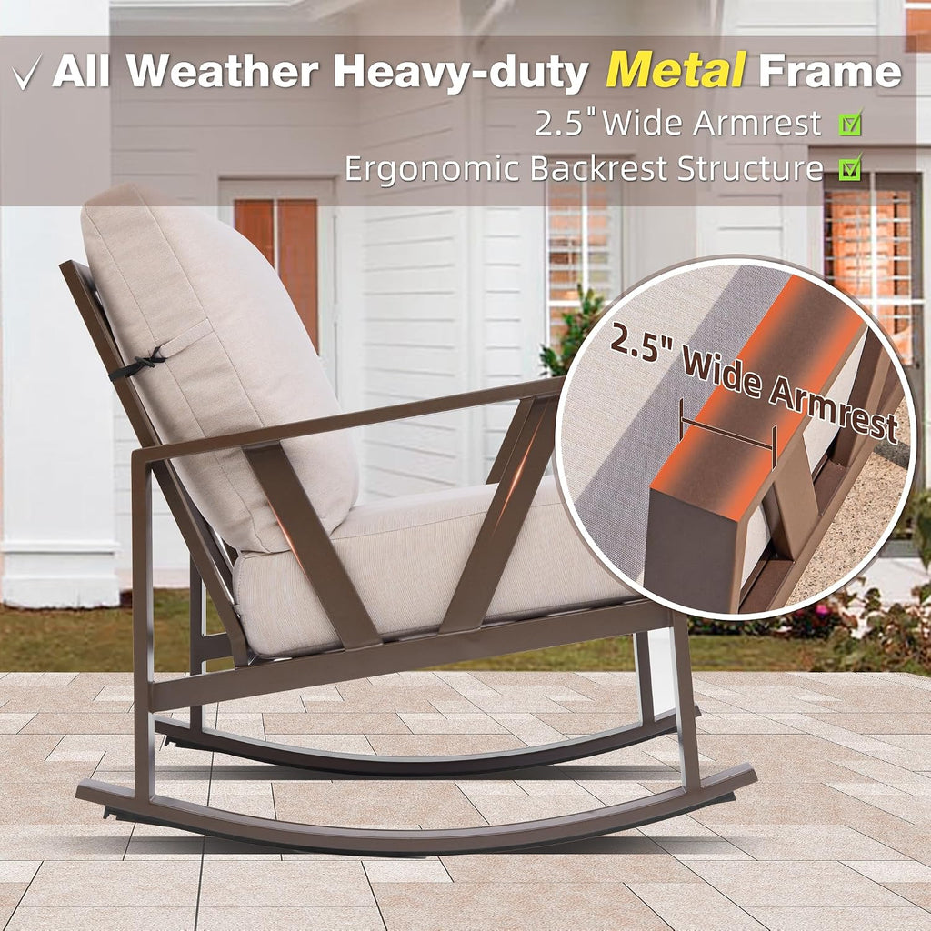 Patio Porch Furniture Set, Outdoor Rocking Chairs Set of 2 with Coffee Table, 3 Piece Metal Outdoor Patio Bistro Conversation Set, Beige
