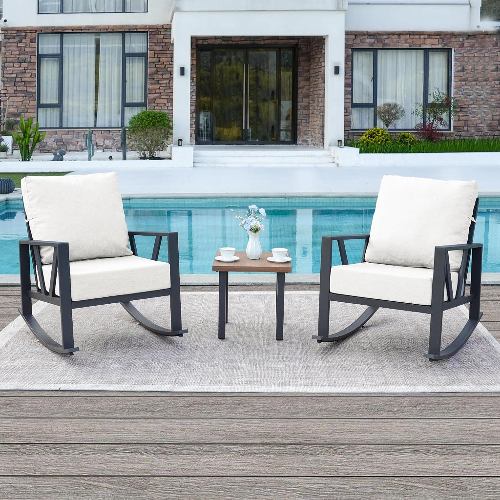 Outdoor Patio Rocking Chairs Set of 2, 3 Pieces Patio Porch Furniture Set with 6' Thick Cushions, Outdoor Bistro Set with Coffee Table,White
