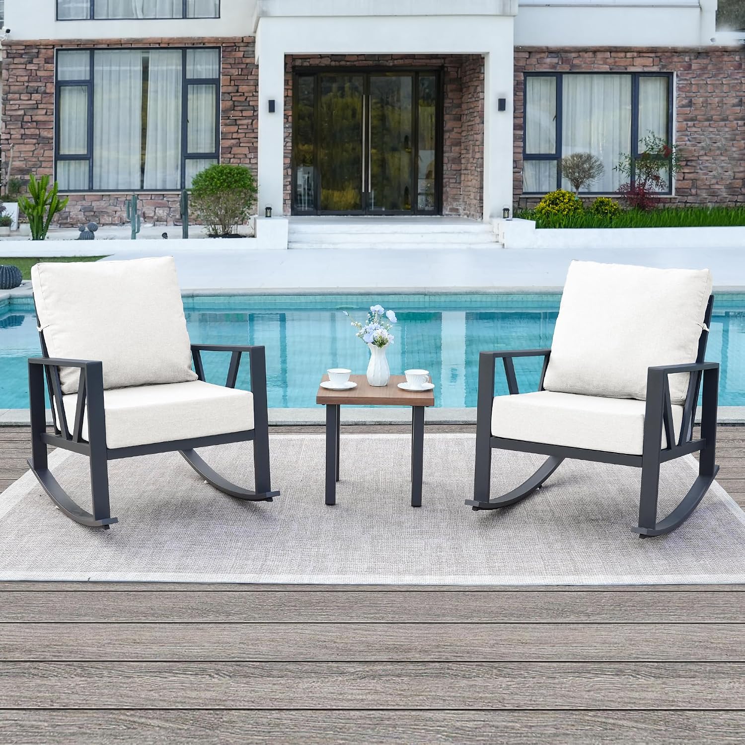 Outdoor Patio Rocking Chairs Set of 2, 3 Pieces Patio Porch Furniture Set with 6' Thick Cushions, Outdoor Bistro Set with Coffee Table,White