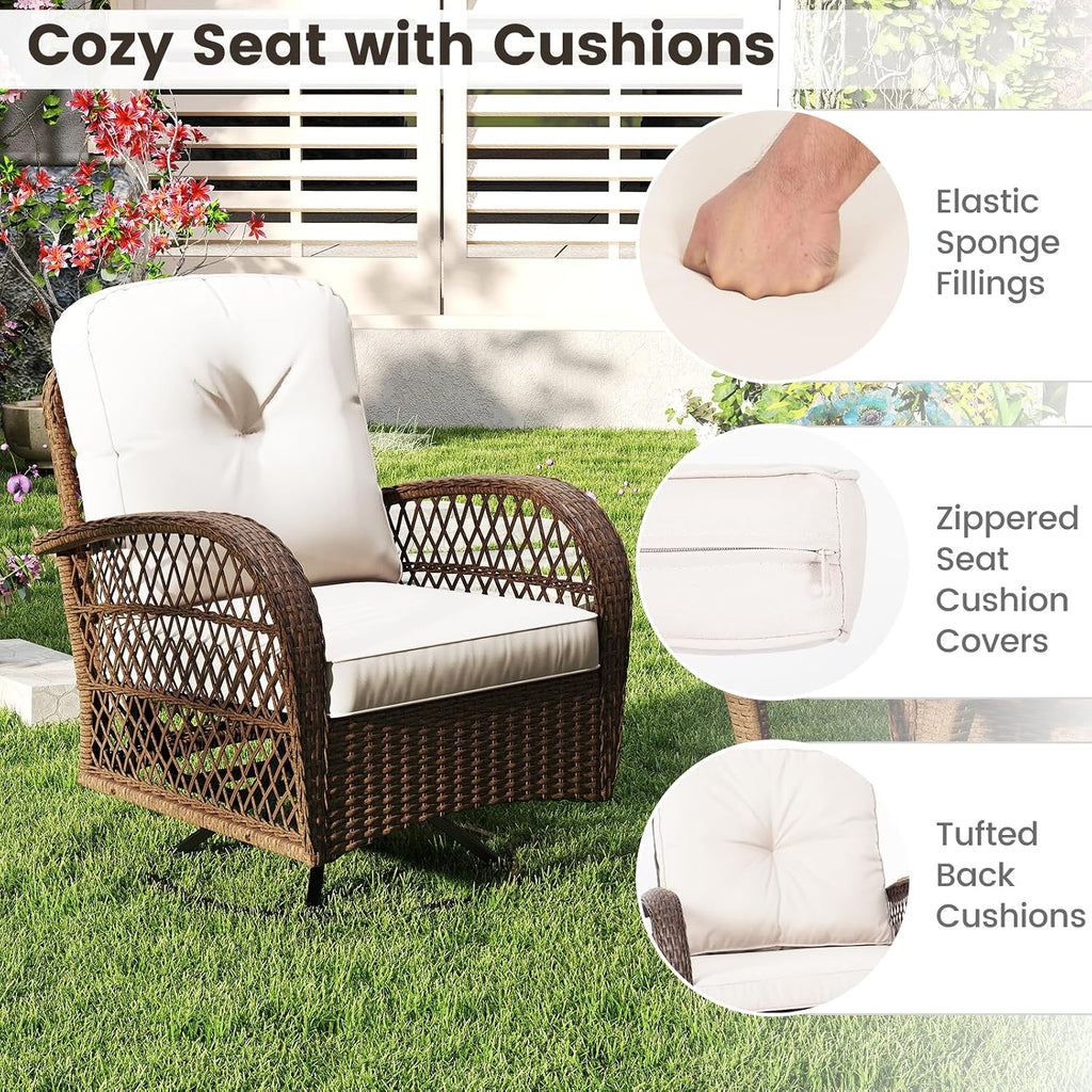 ORALNER 3 Pieces Wicker 360° Swivel Rocker Set Patio Furniture, Rocking Chairs with Cushions, Tempered Glass Coffee Table, Outdoor Rattan Bistro Set for Balcony Front Porch Deck Poolside (White)