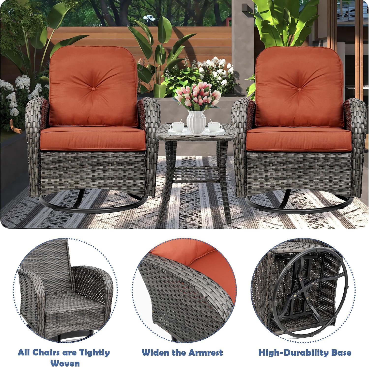 3-Piece Swivel Rocker Wicker Chair Set of 2 ，360-Degree Rocking Chairs Outdoor with Cushions，Glass Table for Garden,Backyard, Bistro.Red