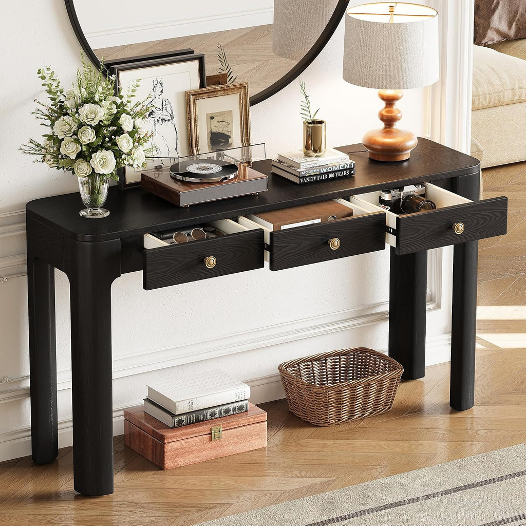 LKTART Solid Wood Entryway Table with 3 Drawers,Farmhouse Console Table Sofa Table with Curved Corners for Hallway,Foyer,Living Room (52' Black)