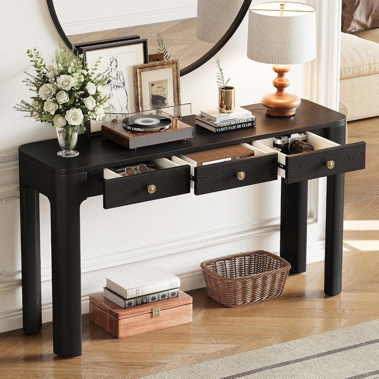 LKTART Solid Wood Entryway Table with 3 Drawers,Farmhouse Console Table Sofa Table with Curved Corners for Hallway,Foyer,Living Room (52' Black)