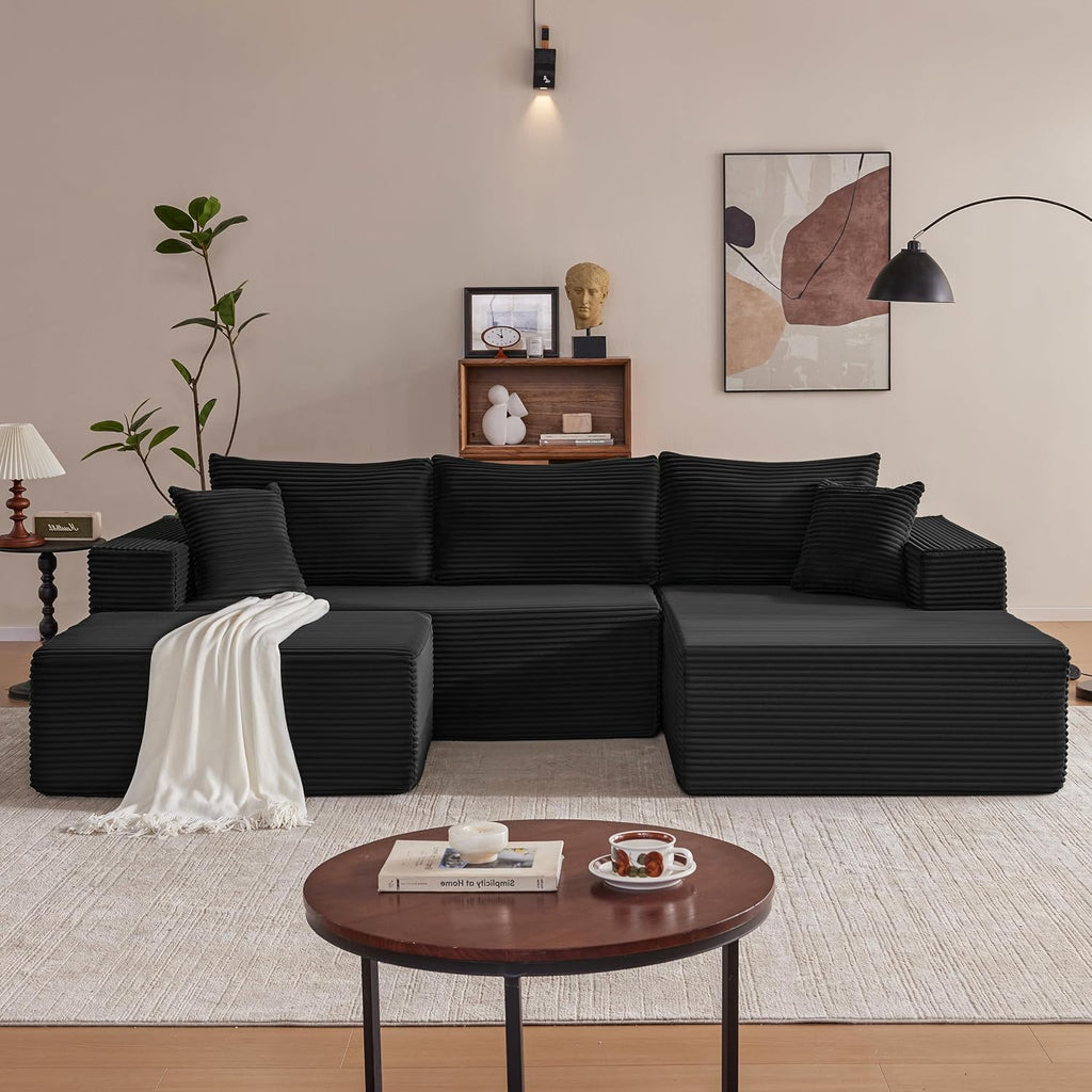 Mangodan 110' Cloud Sectional Couch, Boneless Sofa for Living Room, Modular Sectional Sofa with Deep Seat, Comfy Fluffy U-Shaped Couch with Right-Facing Chaise, No Assembly Required, Black