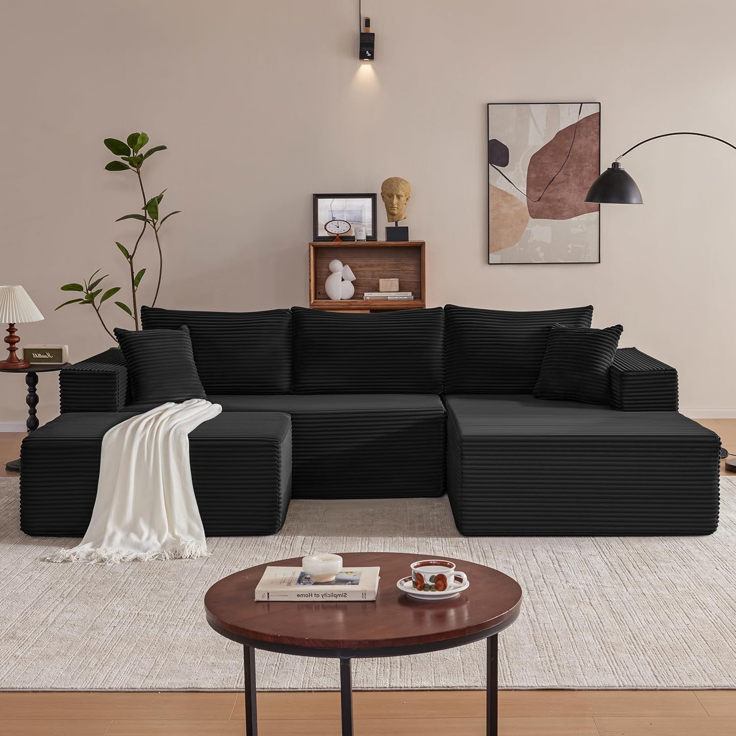 Mangodan 110' Cloud Sectional Couch, Boneless Sofa for Living Room, Modular Sectional Sofa with Deep Seat, Comfy Fluffy U-Shaped Couch with Right-Facing Chaise, No Assembly Required, Black