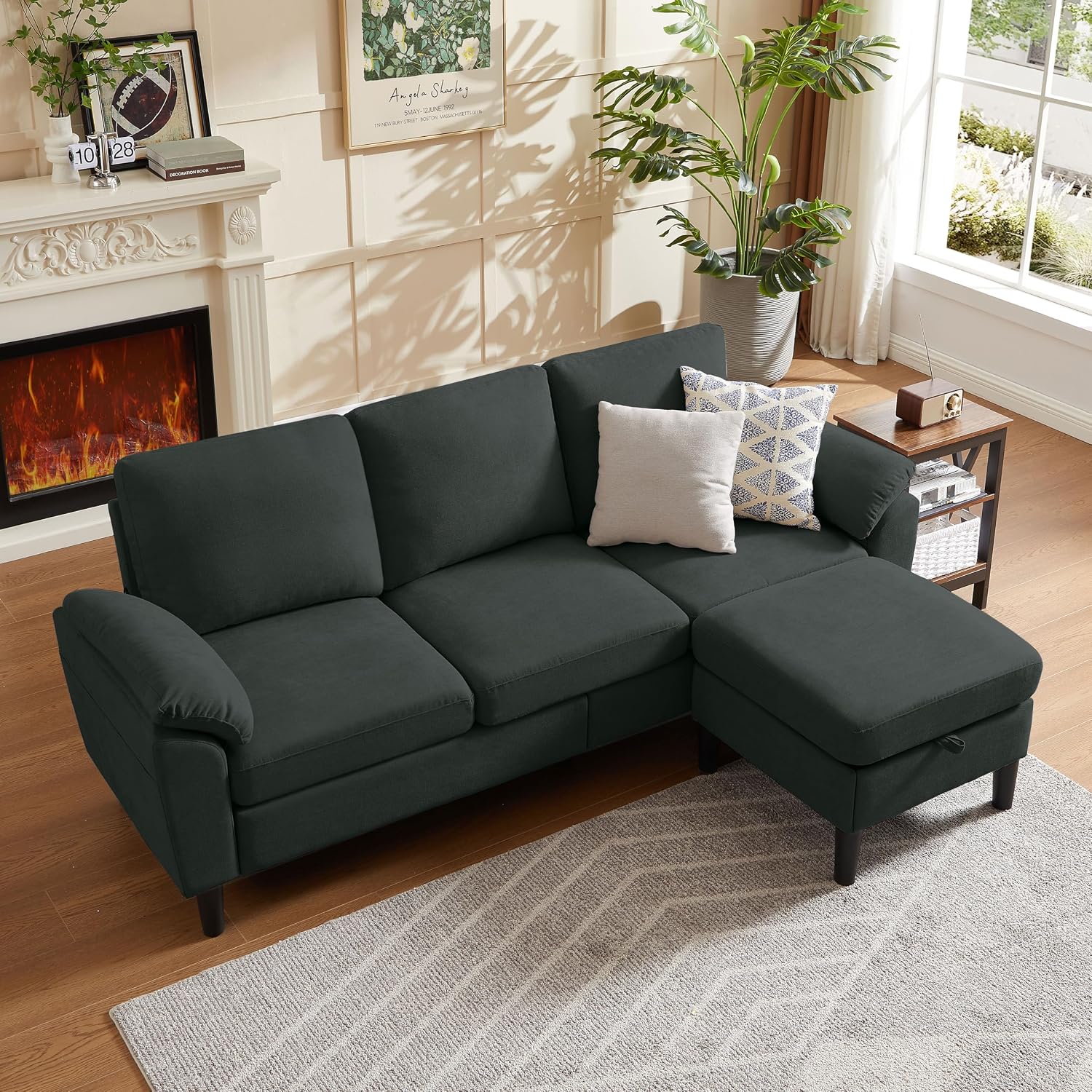 Convertible Sectional Sofa, Modern L Shaped 3-seat Sofa, 79' Linen Fabric Small Sectional Couch with Movable Ottoman, Couch for Small Spaces Living Room (Black)