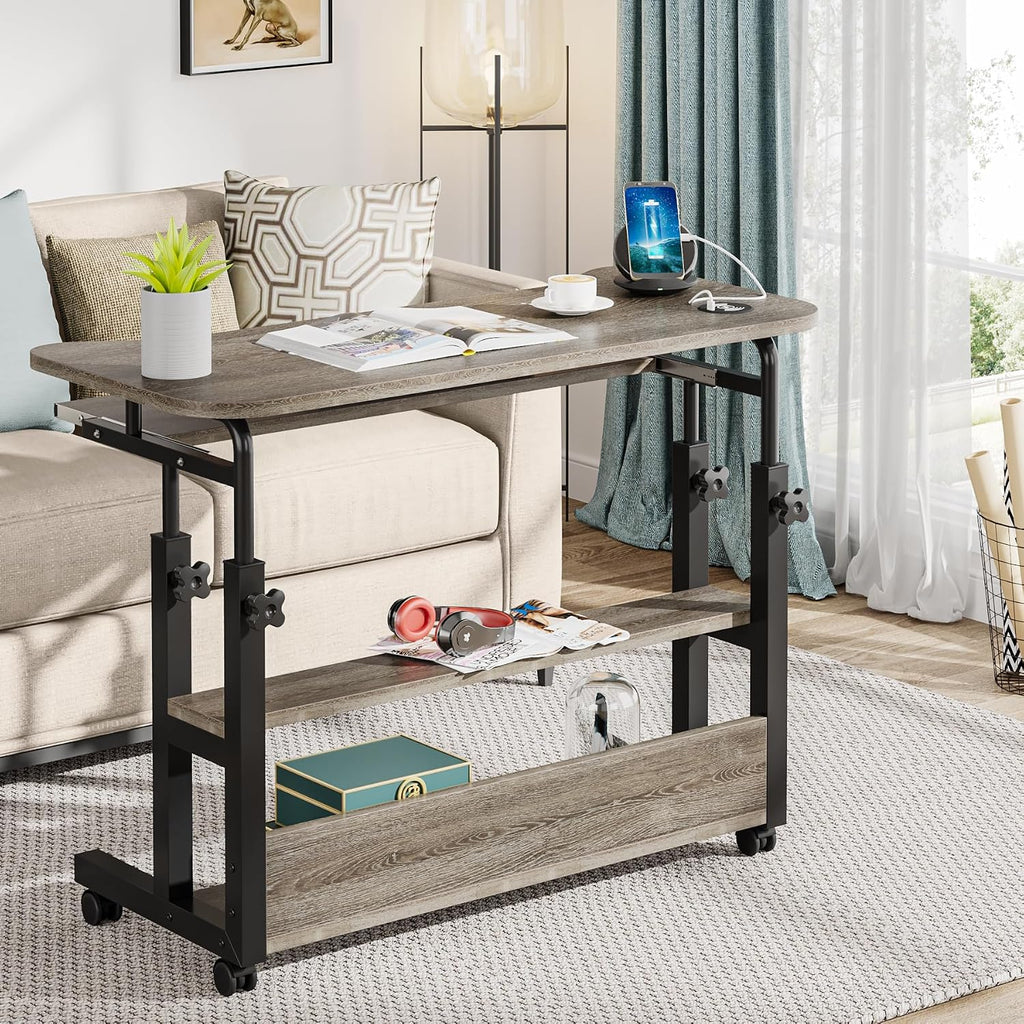 Tribesigns Portable Desk with Power Outlets, Height Adjustable Side Table Sofa Couch Bedside Laptop Computer Cart with USB Charging Ports, Mobile Small Standing Desk with Keyboard Tray