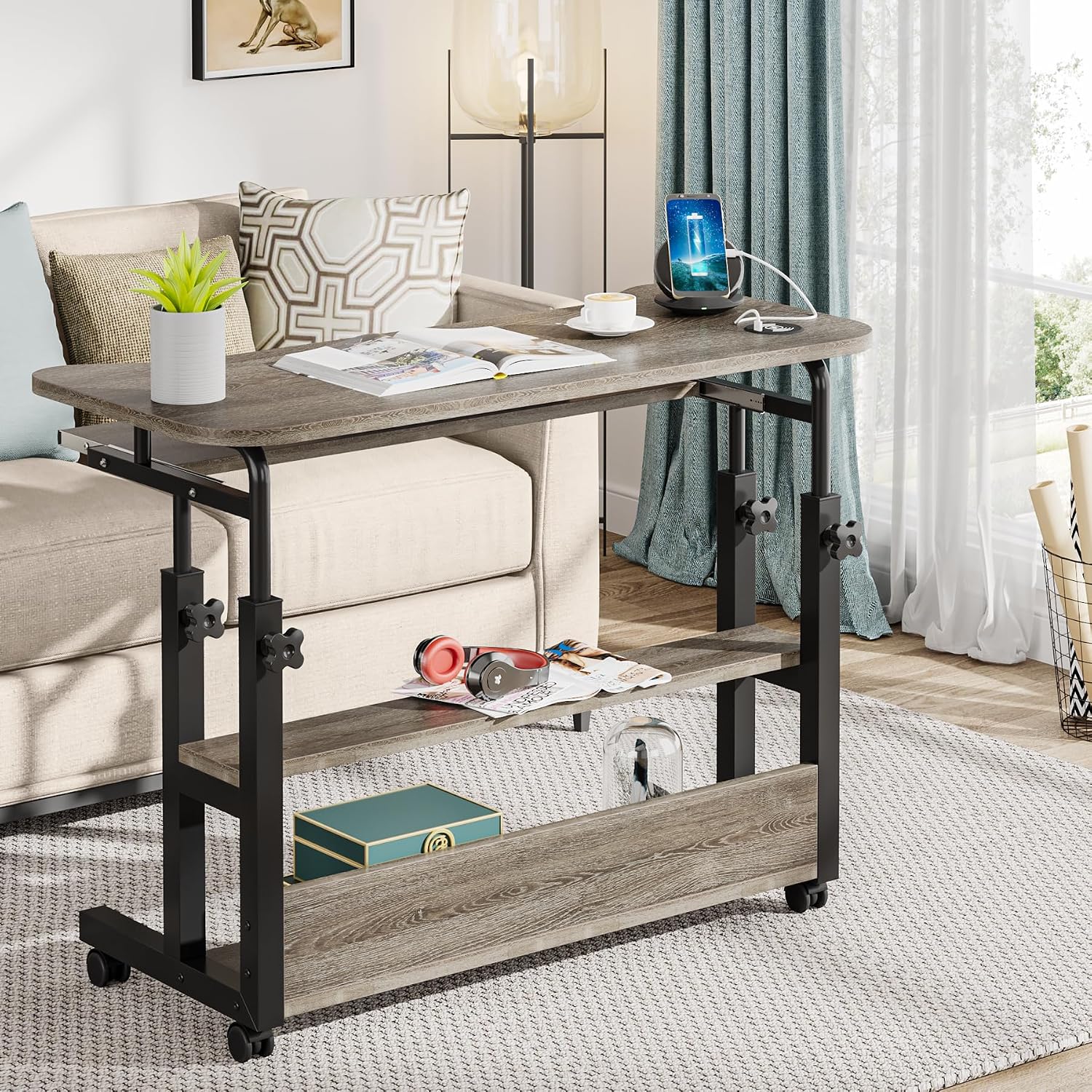 Tribesigns Portable Desk with Power Outlets, Height Adjustable Side Table Sofa Couch Bedside Laptop Computer Cart with USB Charging Ports, Mobile Small Standing Desk with Keyboard Tray
