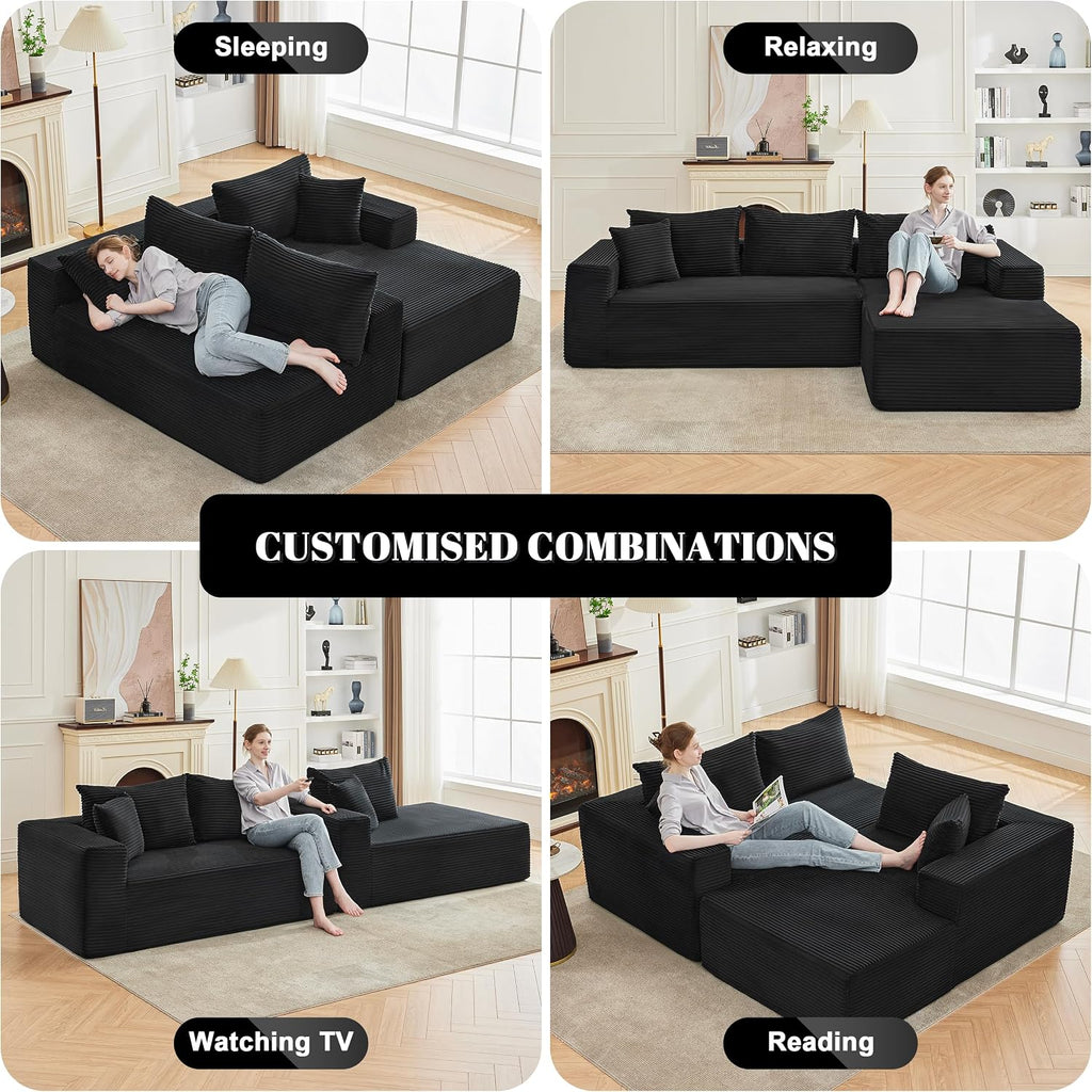 Mangodan 110' Cloud Sectional Couch, Boneless Sofa for Living Room, Modular Sectional Sofa with Deep Seat, Comfy Fluffy Couch with L-Shaped Chaise, No Assembly Required (Right-Facing Chaise, Black)