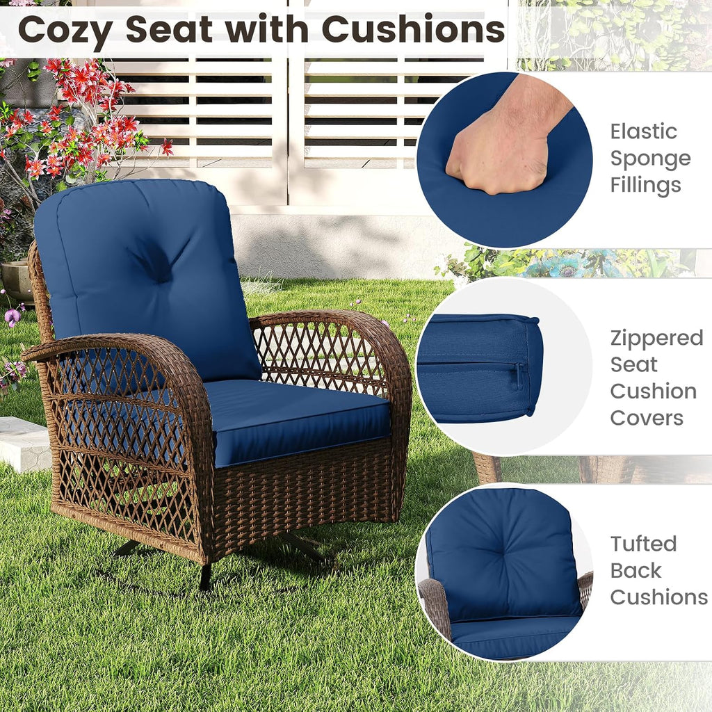 ORALNER 3 Pieces Wicker 360° Swivel Rocker Set Patio Furniture, Rocking Chairs with Cushions, Tempered Glass Coffee Table, Outdoor Rattan Bistro Set for Balcony Front Porch Deck Poolside (Navy)