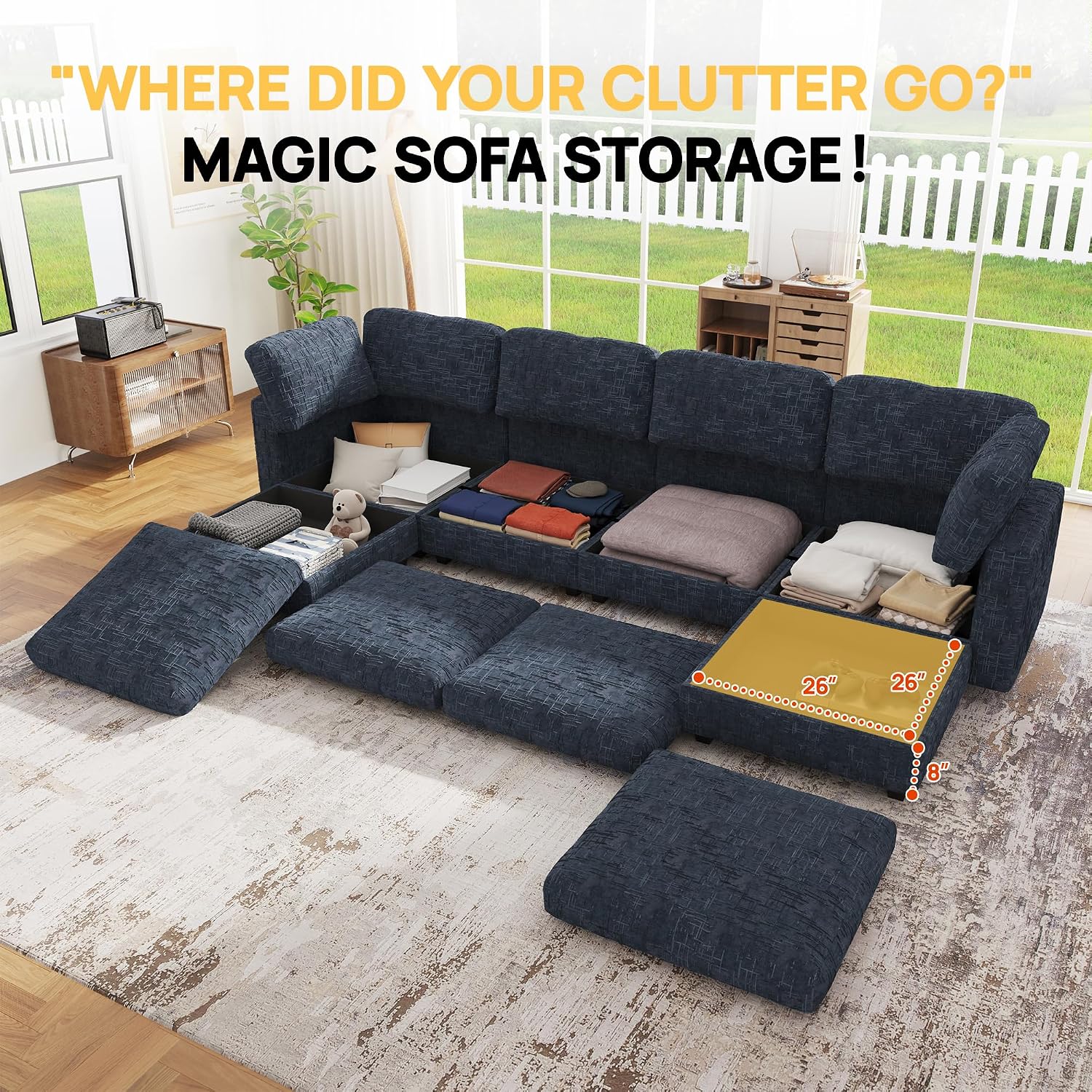 99' Modular Sectional Chenille Sofa bed with Hidden Storage, Comfy Modern 6 Seater Oversized Deep Seat Couch, Modular Sectional with Ottoman and Removable Cover for Living Room, Apartment, Black