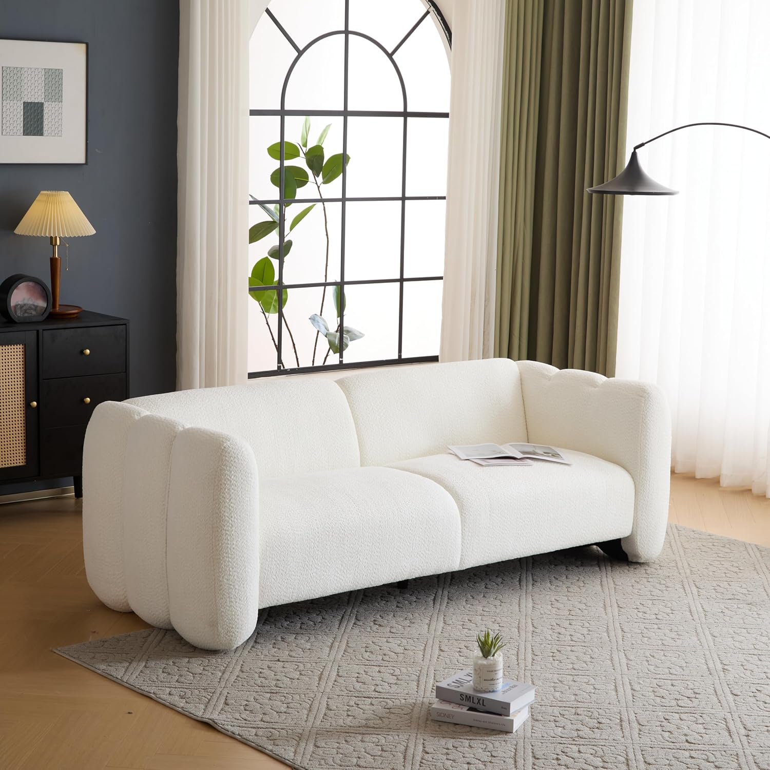 Christopher Knight Home Carine 83'' Sofa Couch, Cozy Boucle Fabric Upholstered 3-Seater Seating Sofa, Comfy Couches for Living Room and Office, Modern Oversized Loveseat, Curved Wave Design, White