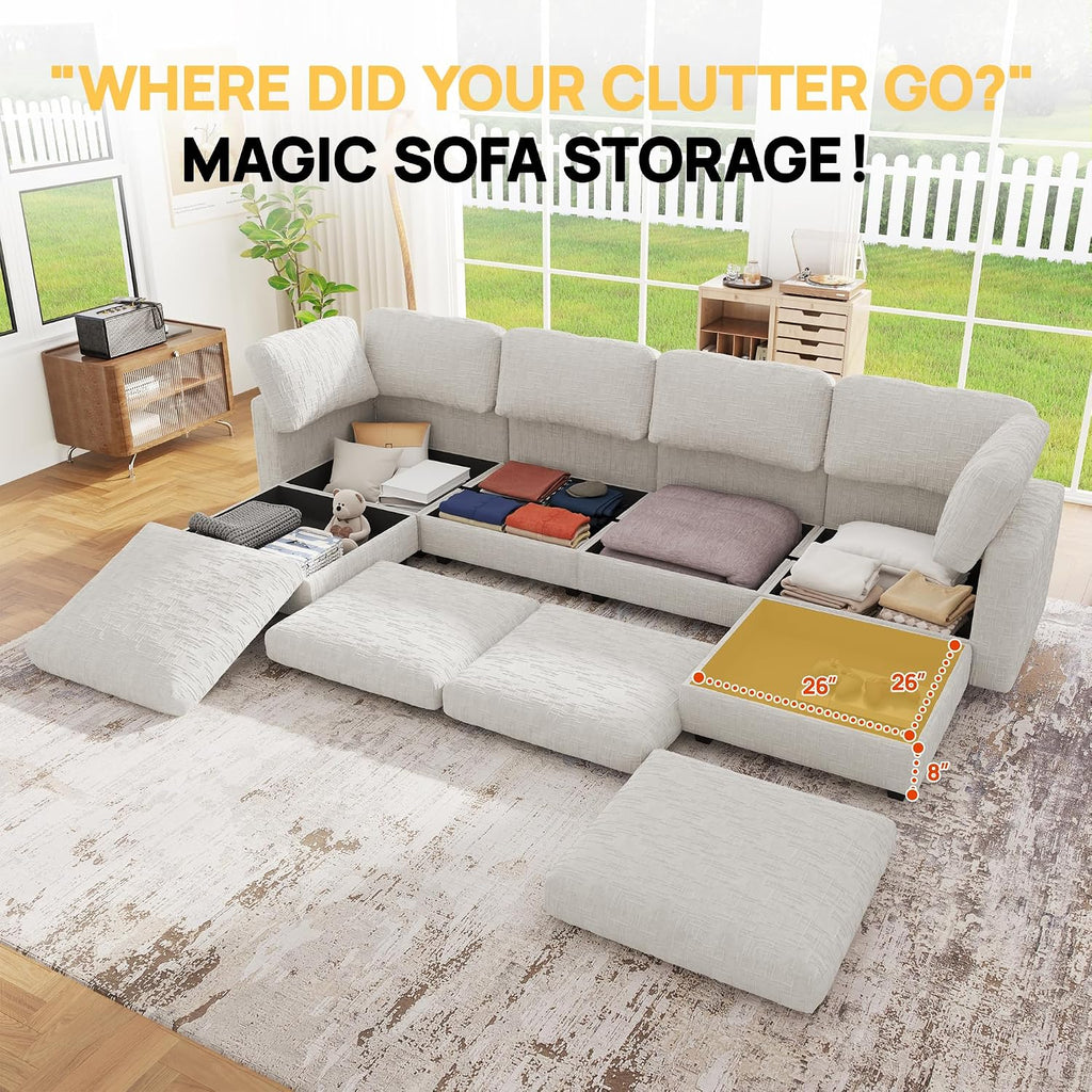 99' Modular Sectional Chenille Sofa bed with Hidden Storage, Comfy Modern 6 Seater Oversized Deep Seat Couch, Modular Sectional with Ottoman and Removable Cover for Living Room, Apartment, Beige