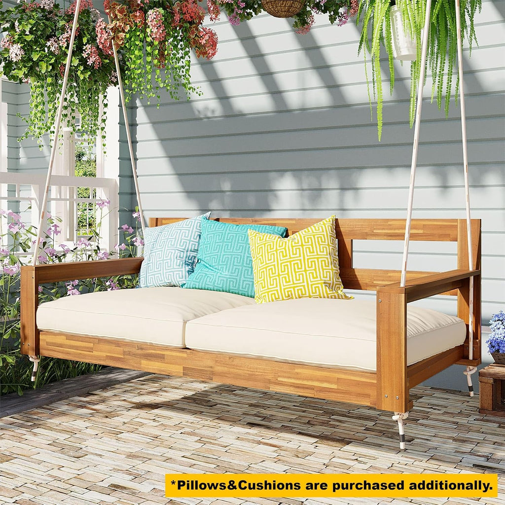 RuiSiSi Twin Size Porch Swing Daybed Frame, Outdoor Porch Swing Chair, Framhouse Hanging Bench with 4 Hanging Ropes for Garden, Backyard, Patio, Natural