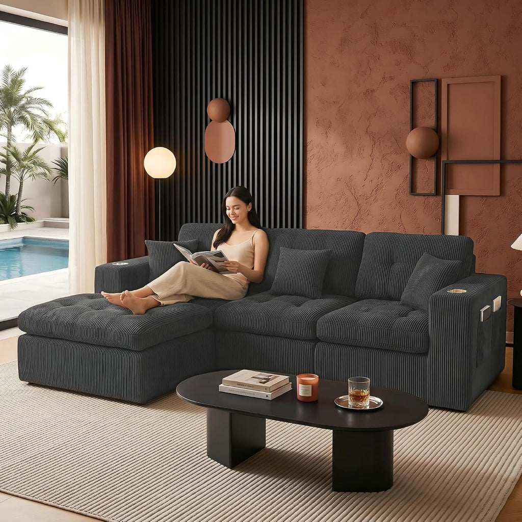 Modular Cloud 3 Seater Boneless L-Shaped Sectional Sofa, Comfy Modern Design with Ergonomic Support & Free Combination for Living Room/Bedroom/Apartment (Dark Gray)