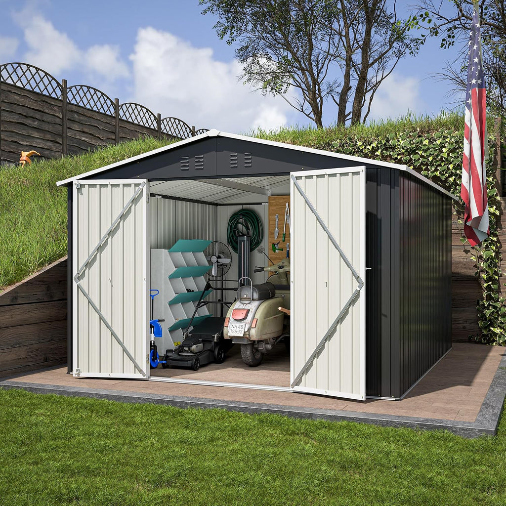 10x10 FT Shed Outdoor Storage Shed Metal Garden Shed with Lockable Doors & Slooping Roof Tool Shed Bike Shed for Backyard, Patio, Poolside (Black)
