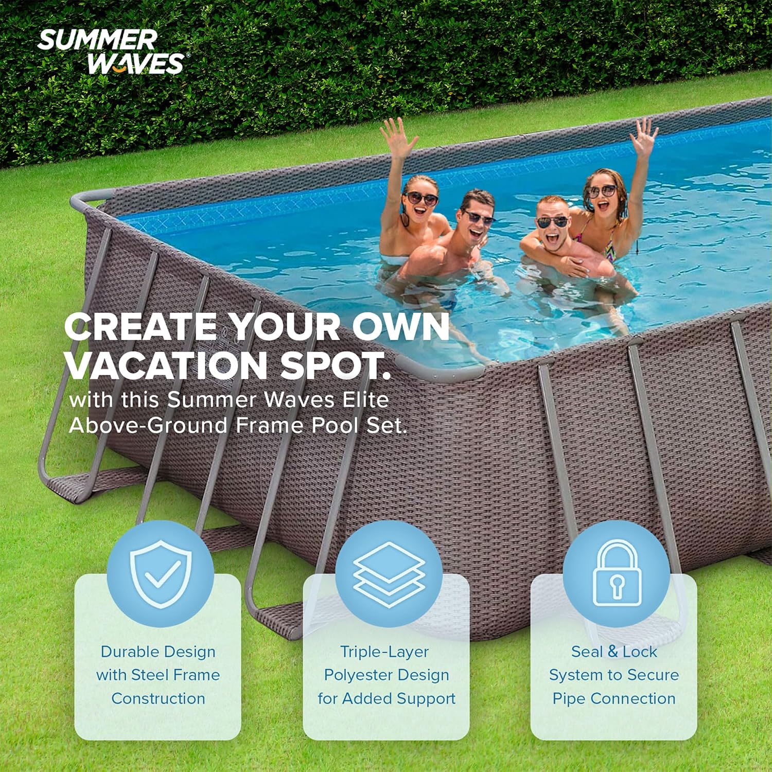 Summer Waves Elite 24' x 12' x 52' Outdoor Rectangular Frame Above Ground Swimming Pool Set with Filter Pump, Cover, Ladder and Ground Cloth, Brown