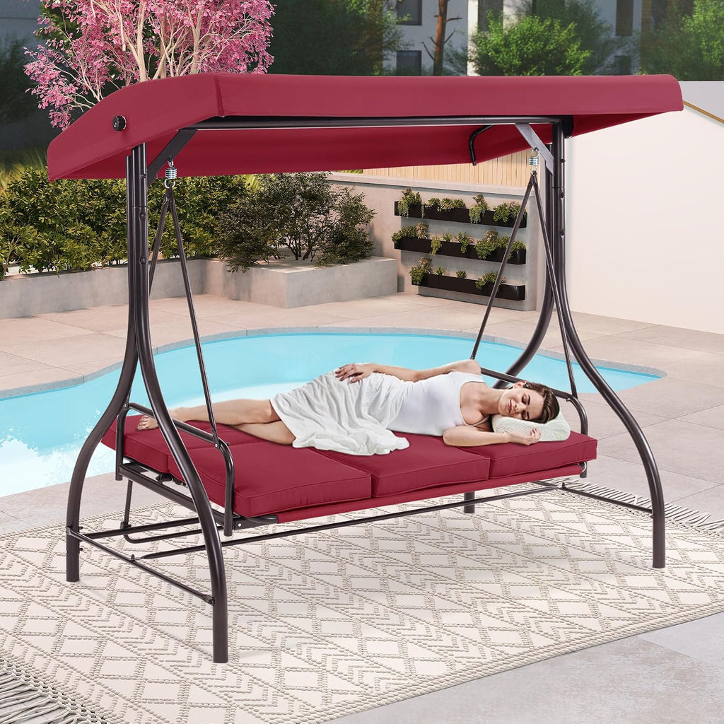 MCombo 3-Seat Outdoor Patio Swing Chair, 2-in-1 Convertible Porch Swing Glider Chair with Removable Cushions, Adjustable Canopy & Pillows for Backyard, Deck, Garden, 4068 (Burgundy)