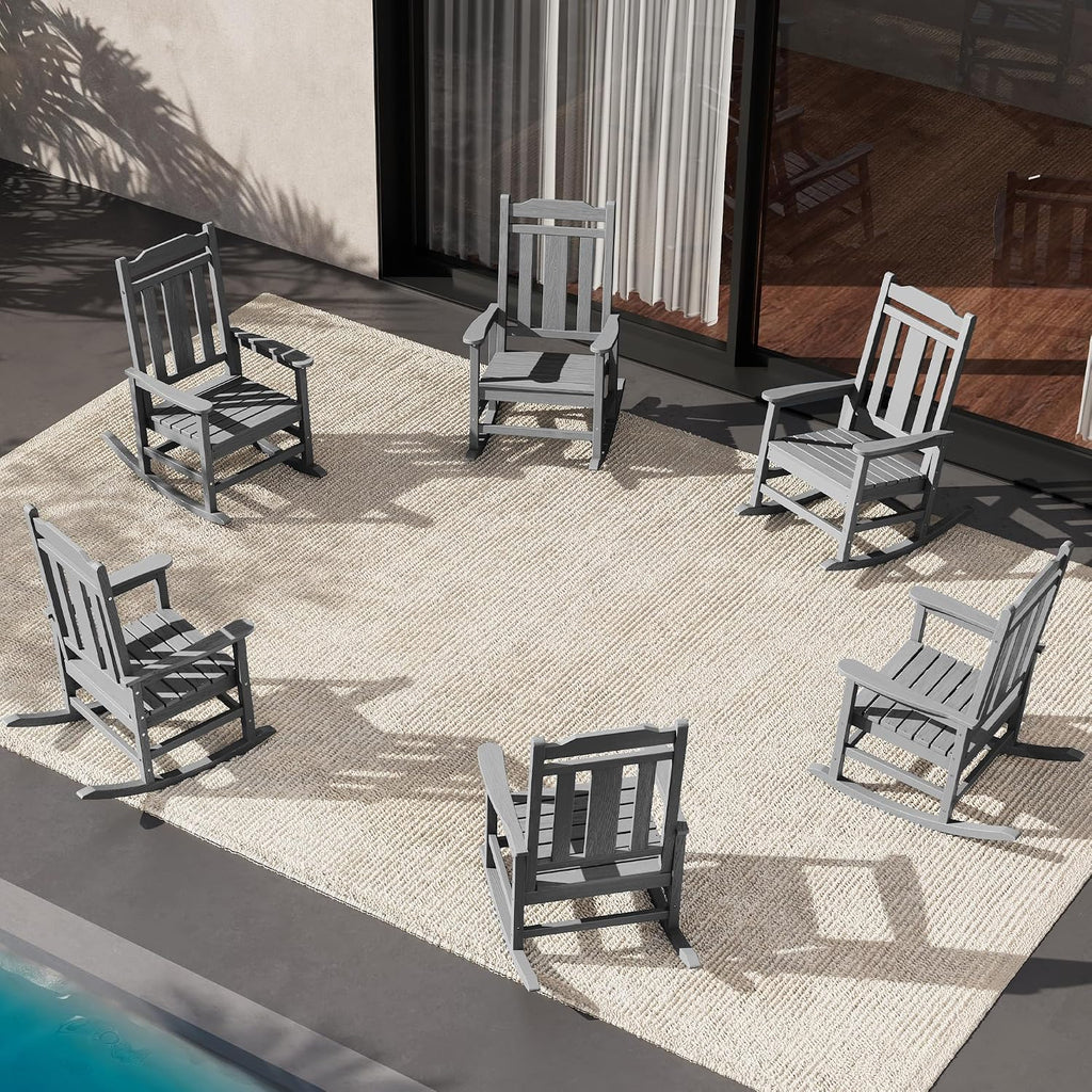 SERWALL HDPE Outdoor Rocking Chair for Adults, Outdoor Rocking Chairs Set of 6, Patio Rocking Chair Sets, Gray