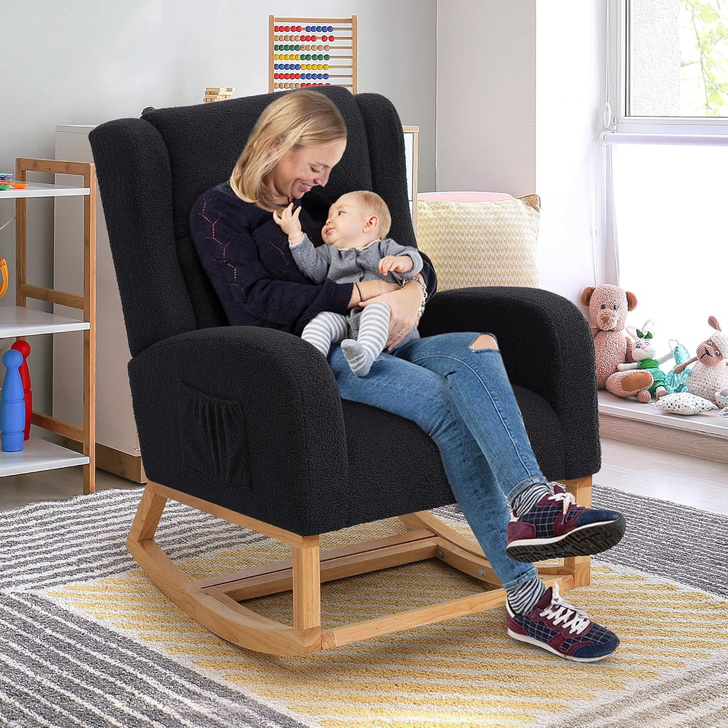 HCHAIRH Rocking Chair Nursery, Nursing Rocking Chairs for Mom Nursery, Comfy Wingback Glider Rocking Armchair with Foot Rest and Side Pocket for Nursery Living Room Bedroom, Teddy Black