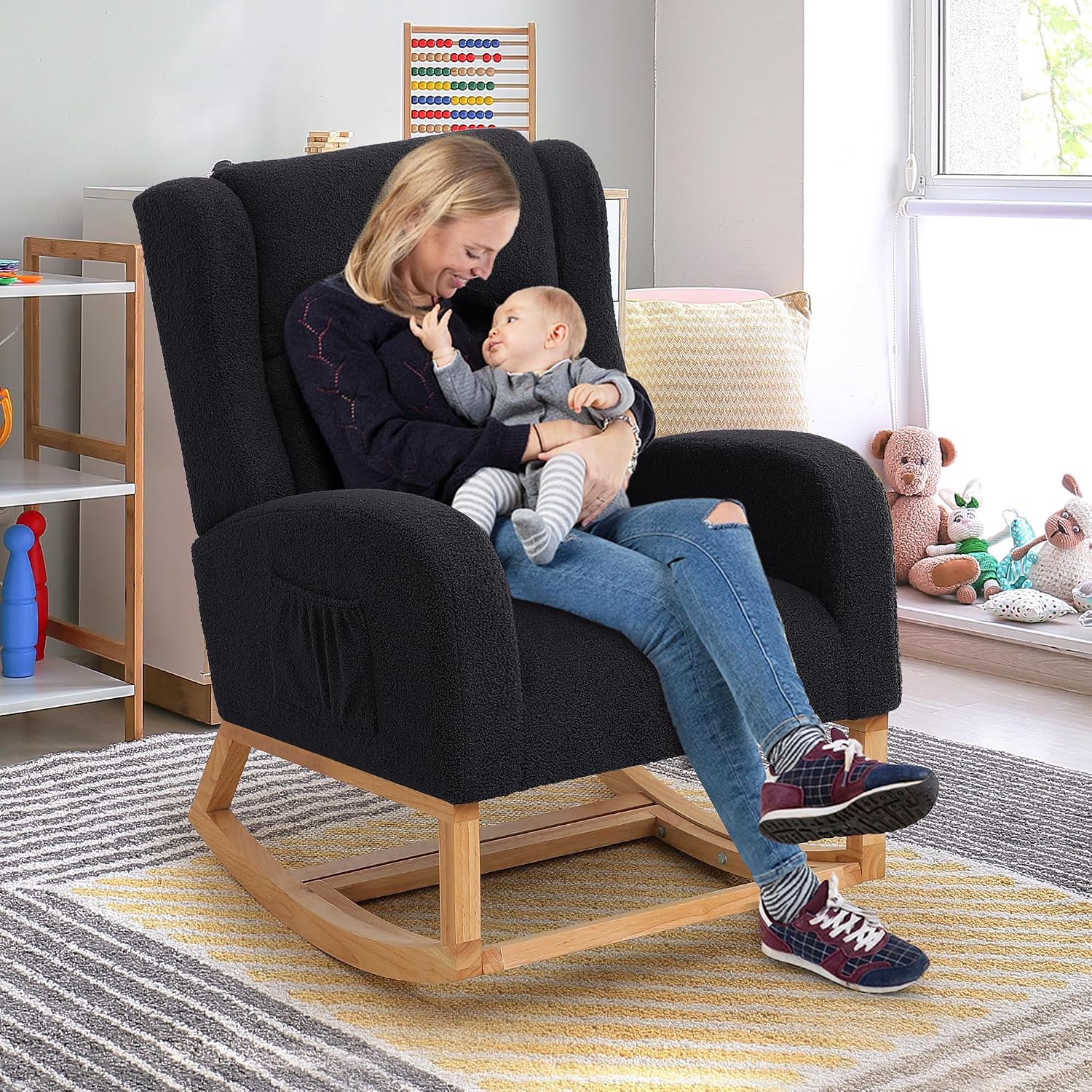 HCHAIRH Rocking Chair Nursery, Nursing Rocking Chairs for Mom Nursery, Comfy Wingback Glider Rocking Armchair with Foot Rest and Side Pocket for Nursery Living Room Bedroom, Teddy Black