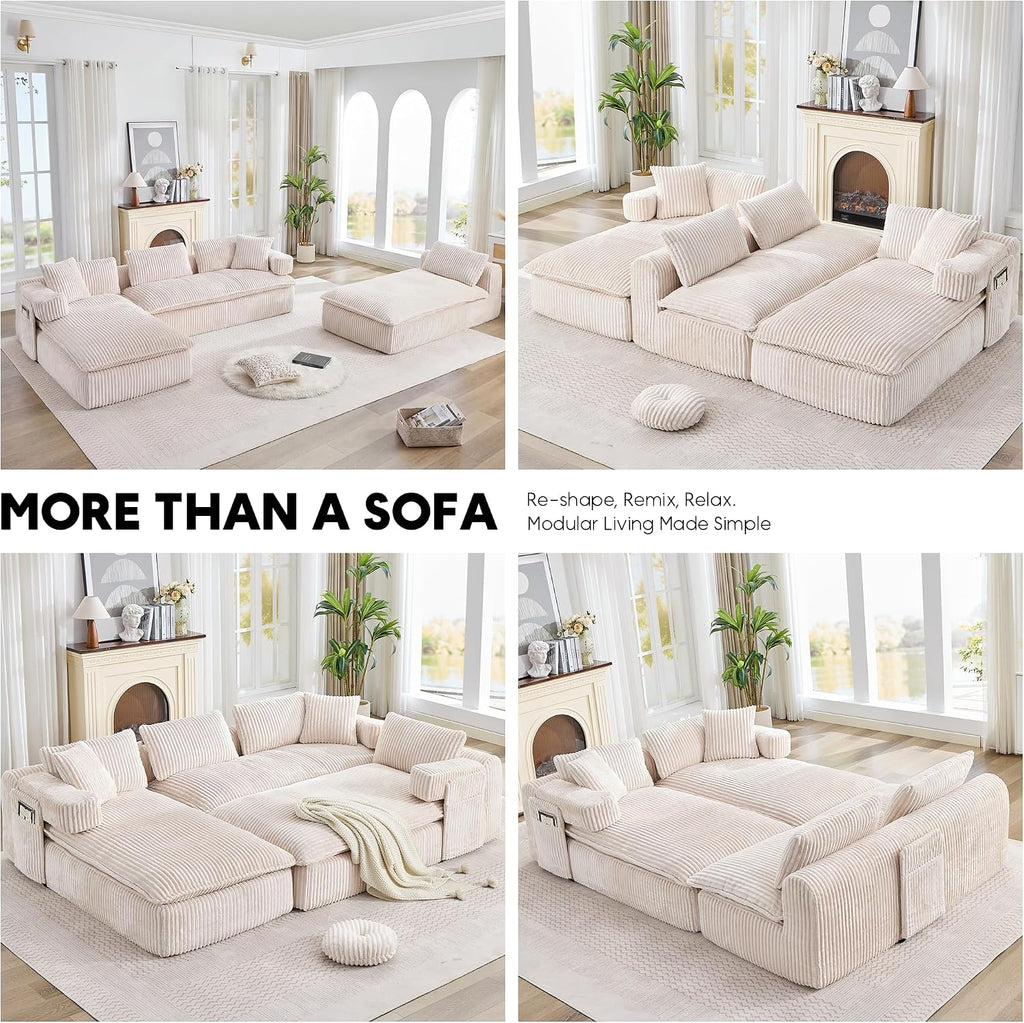 Oversized Cloud Boneless Couch with Chaise, 149' Modern U Shape Modular Deep Seat Sectional Sofa, Comfy Corduroy Upholstered Couches for Living Room, No Assembly Required, Beige White
